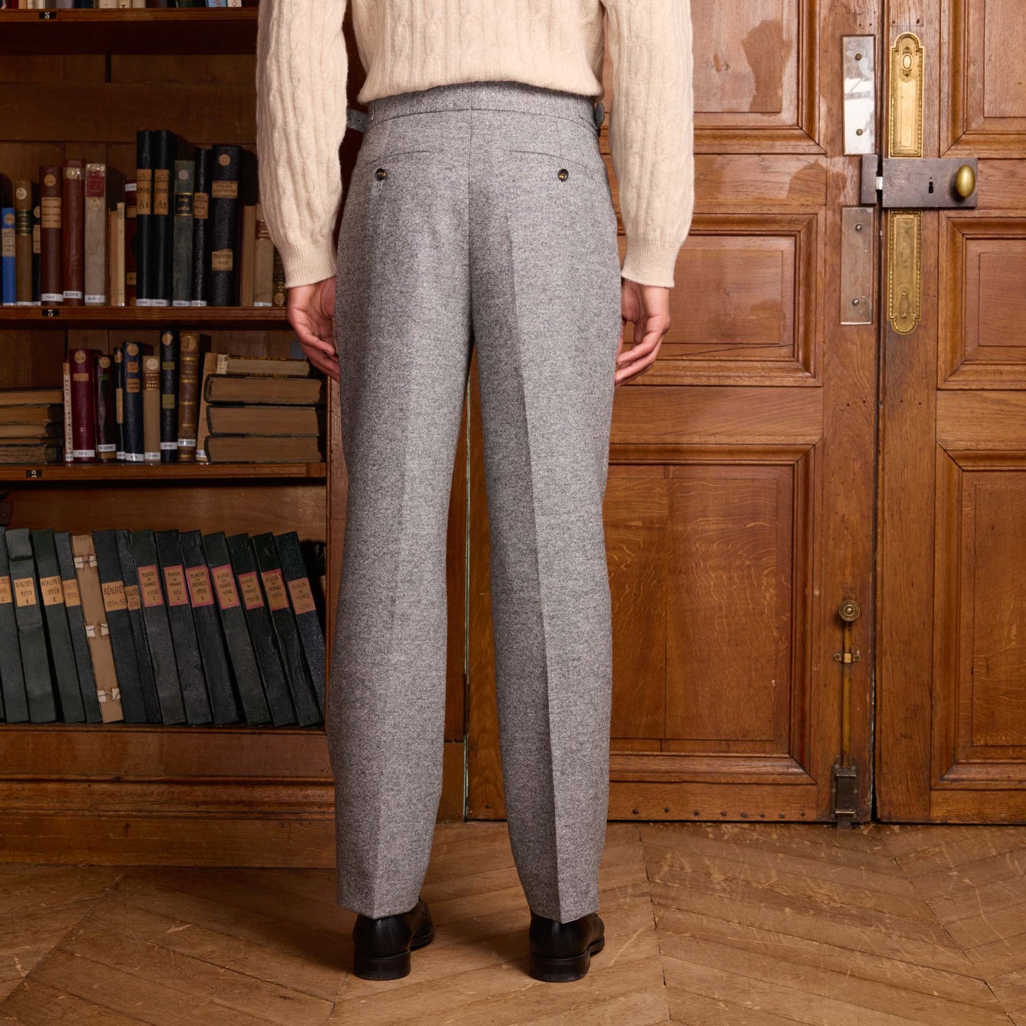 Gurkha trousers in heather gray Donegal wool