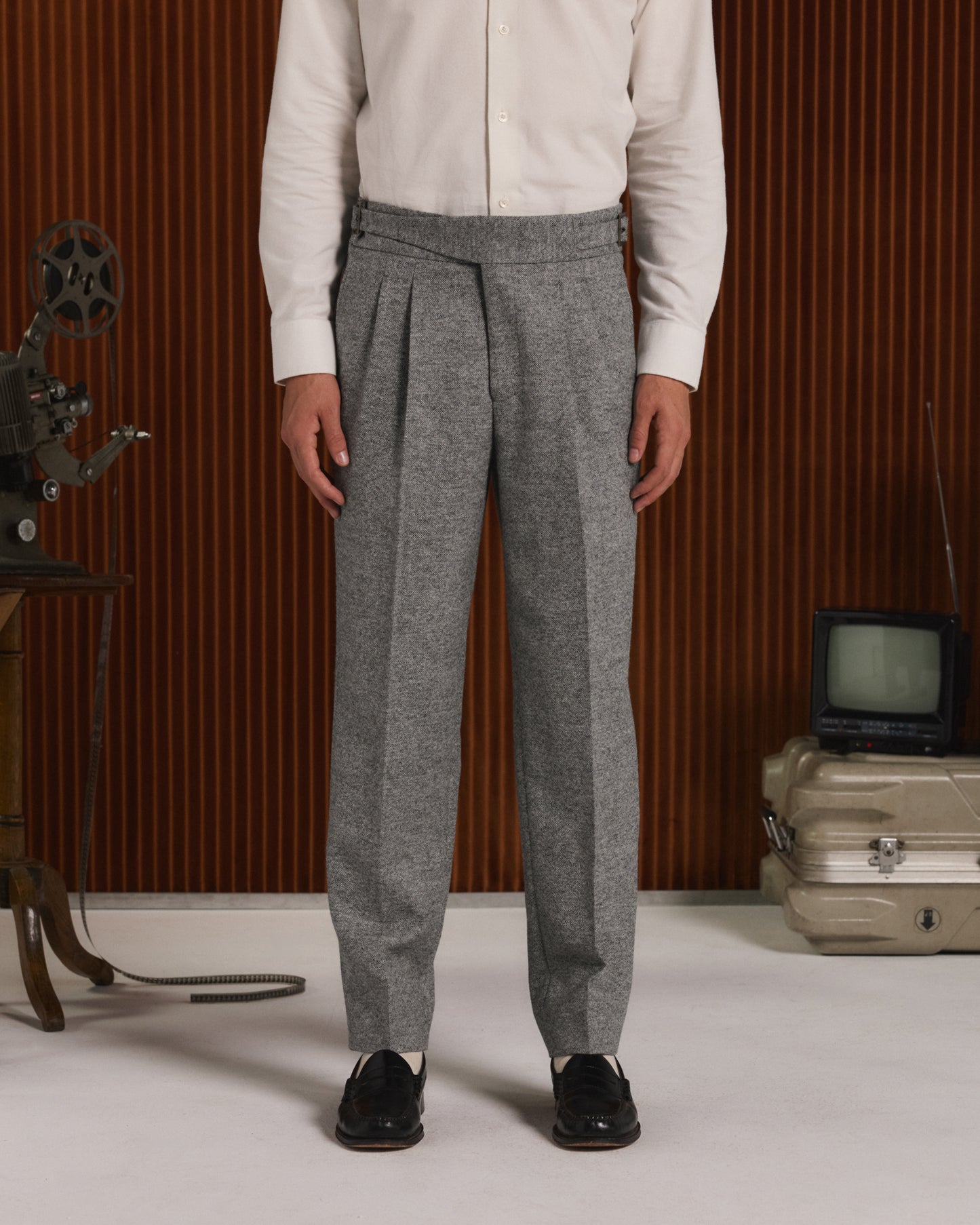 Gurkha trousers in grey mottled Donegal wool