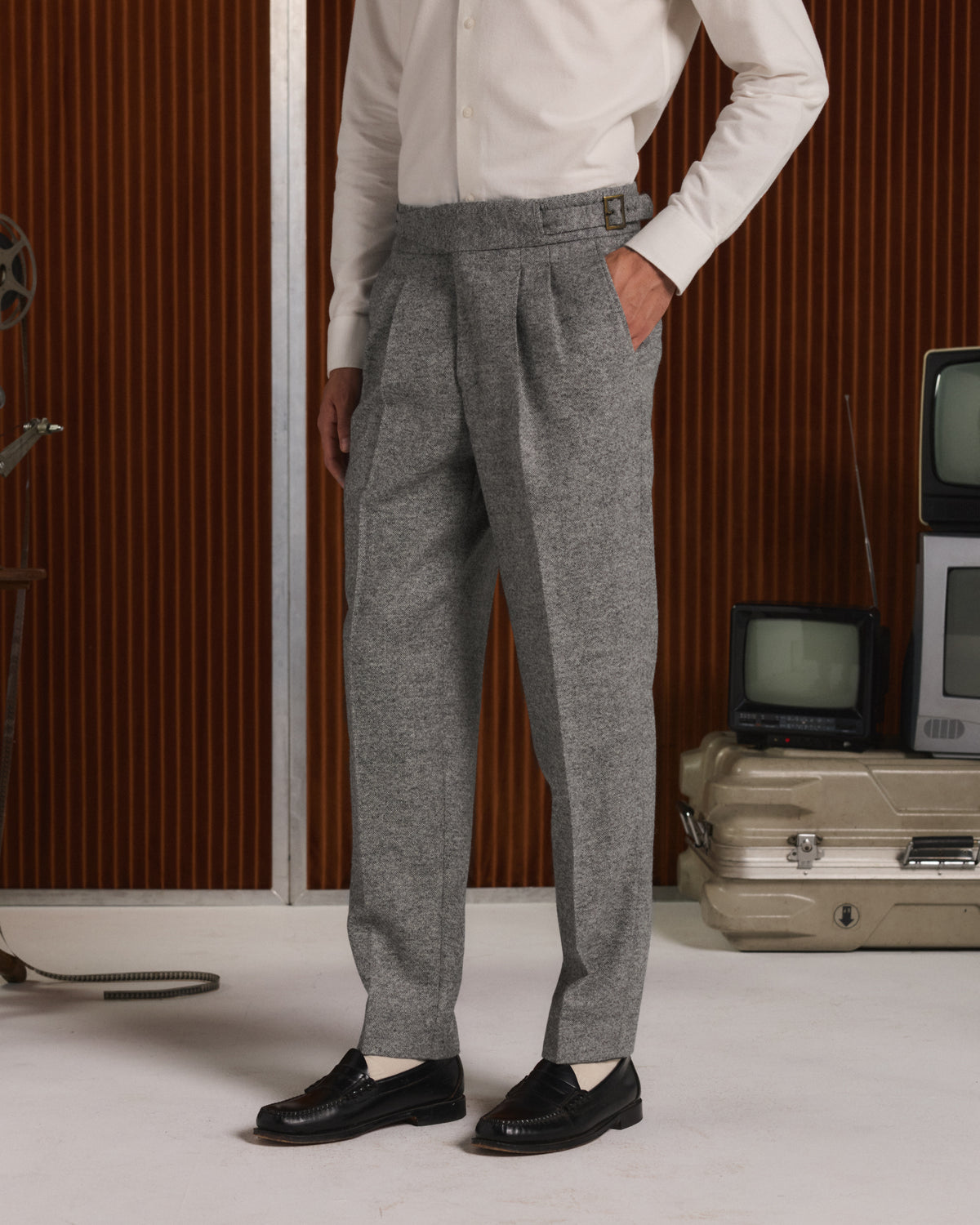 Gurkha trousers in grey mottled Donegal wool