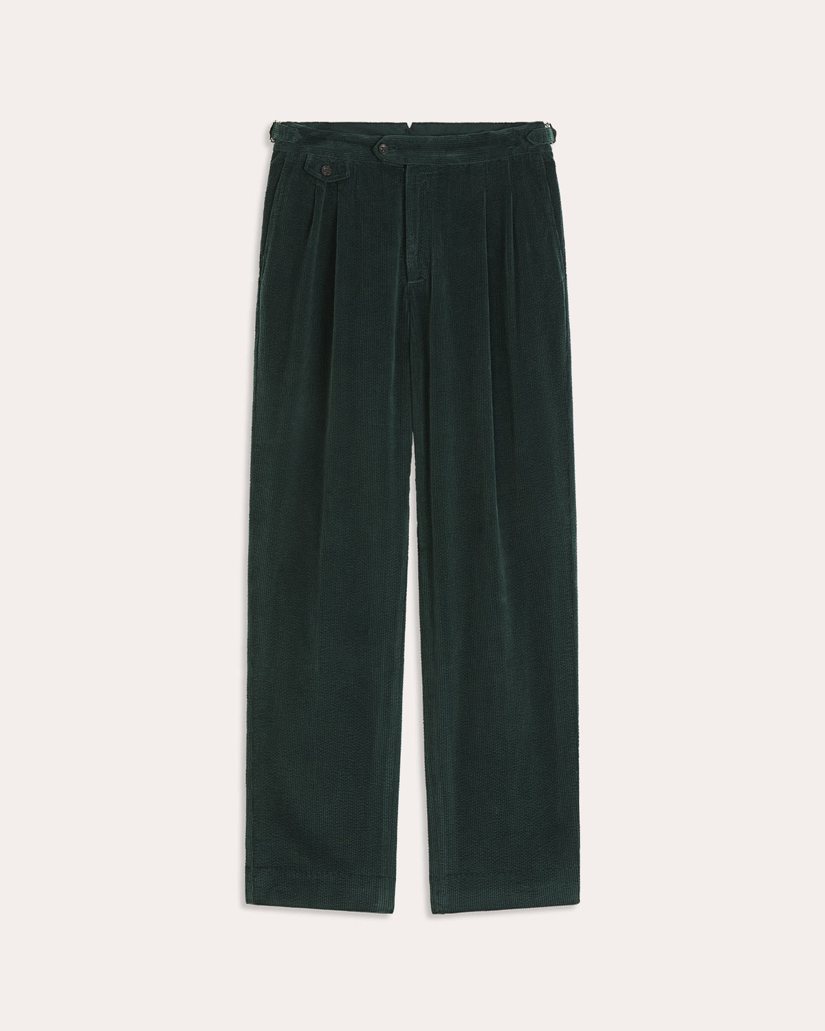 Double-pleated green corduroy trousers