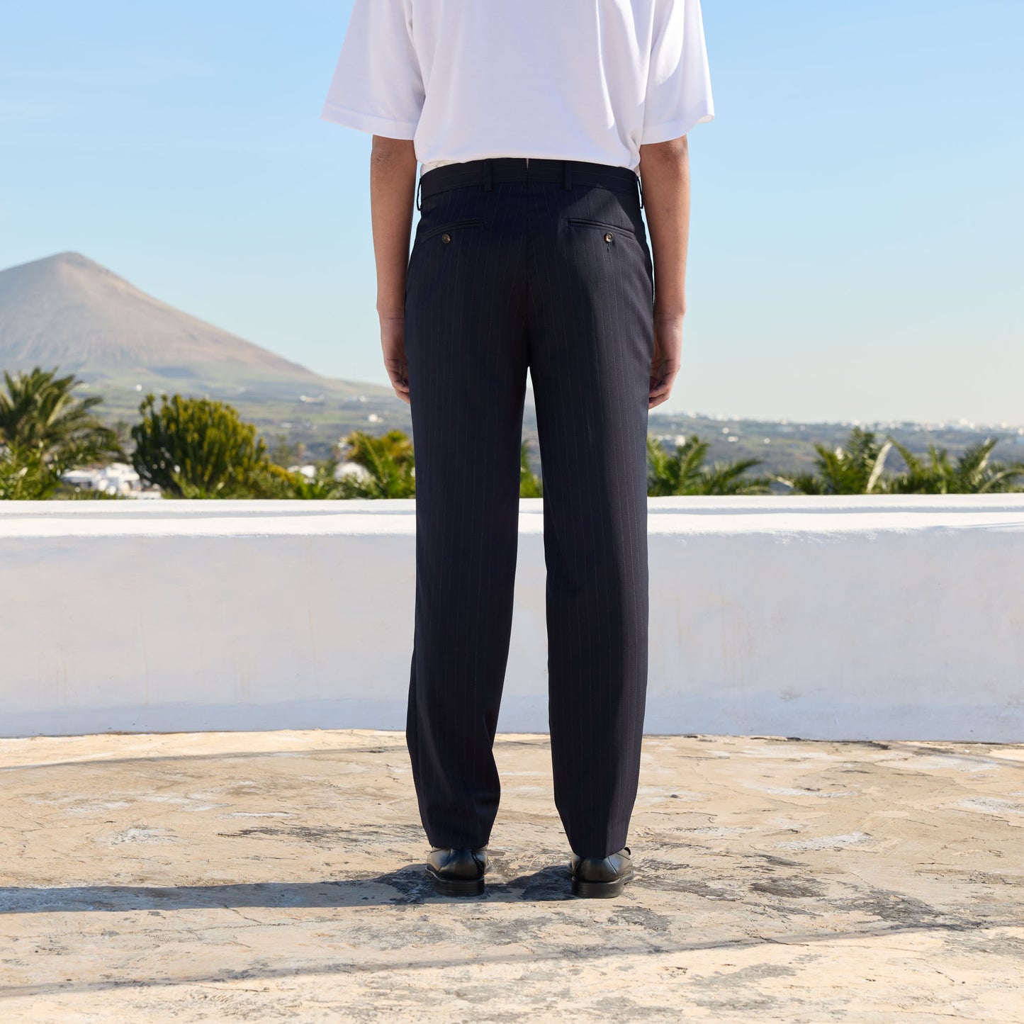Pantalon à double plis en laine marine à rayures