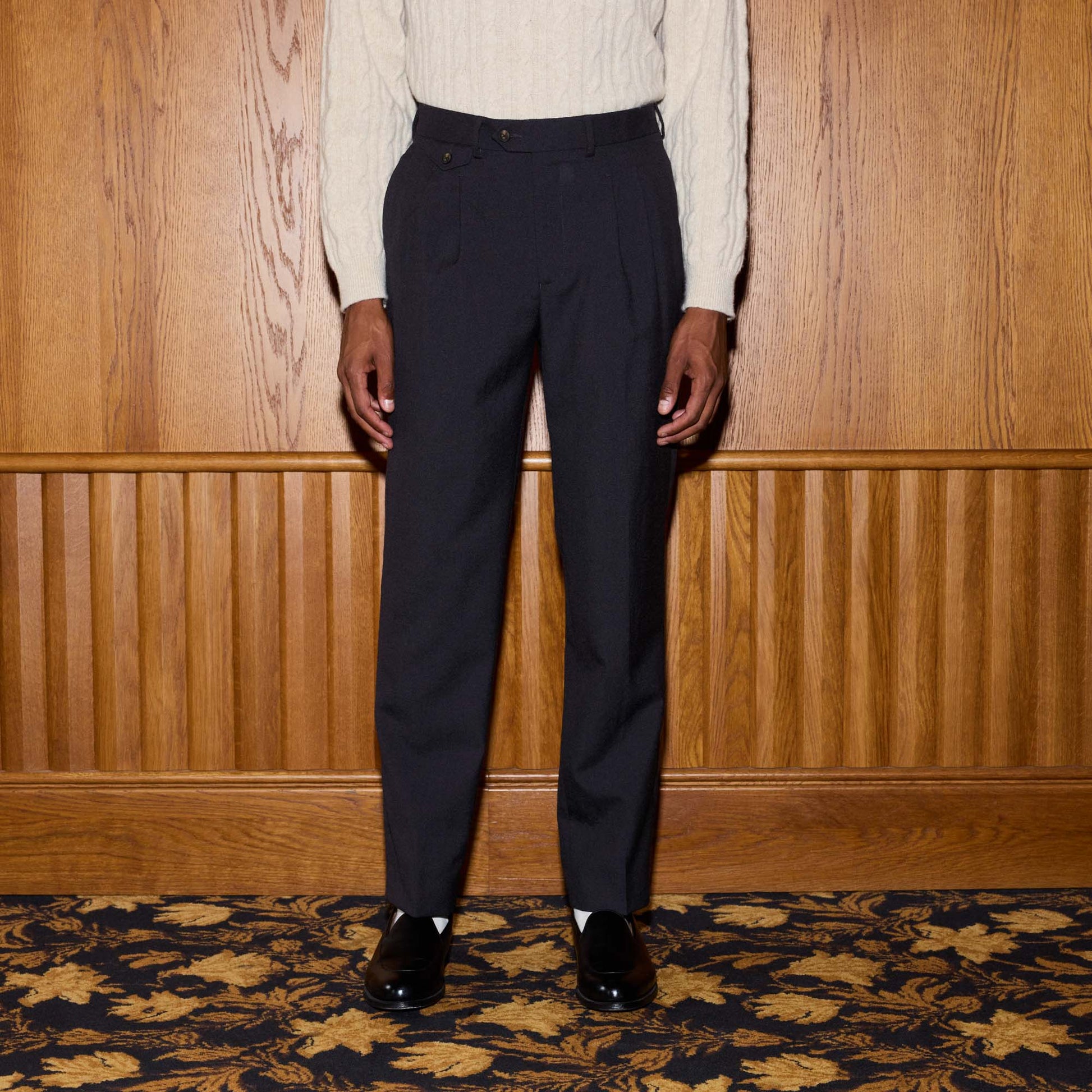 Pantalon à double plis en flanelle de laine marine