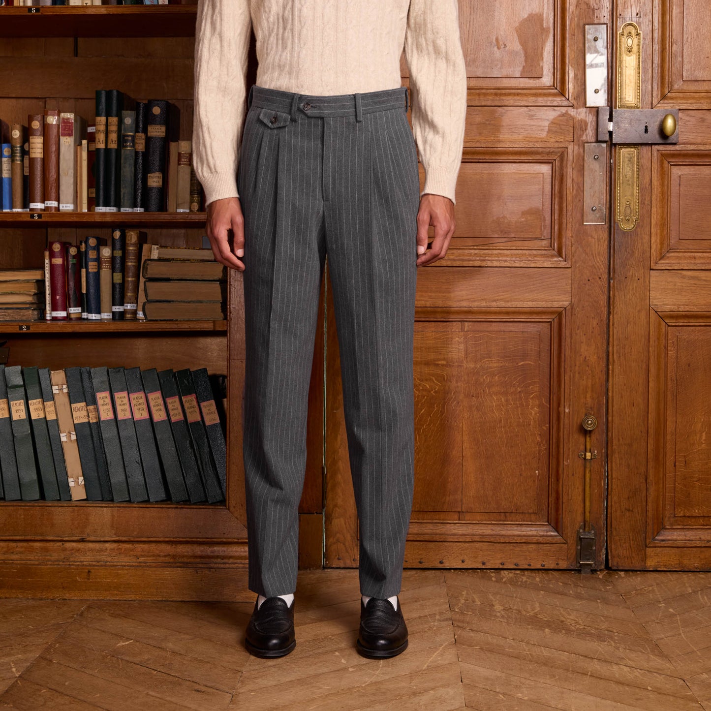 Double-pleated trousers in chalk-striped gray cotton moleskin