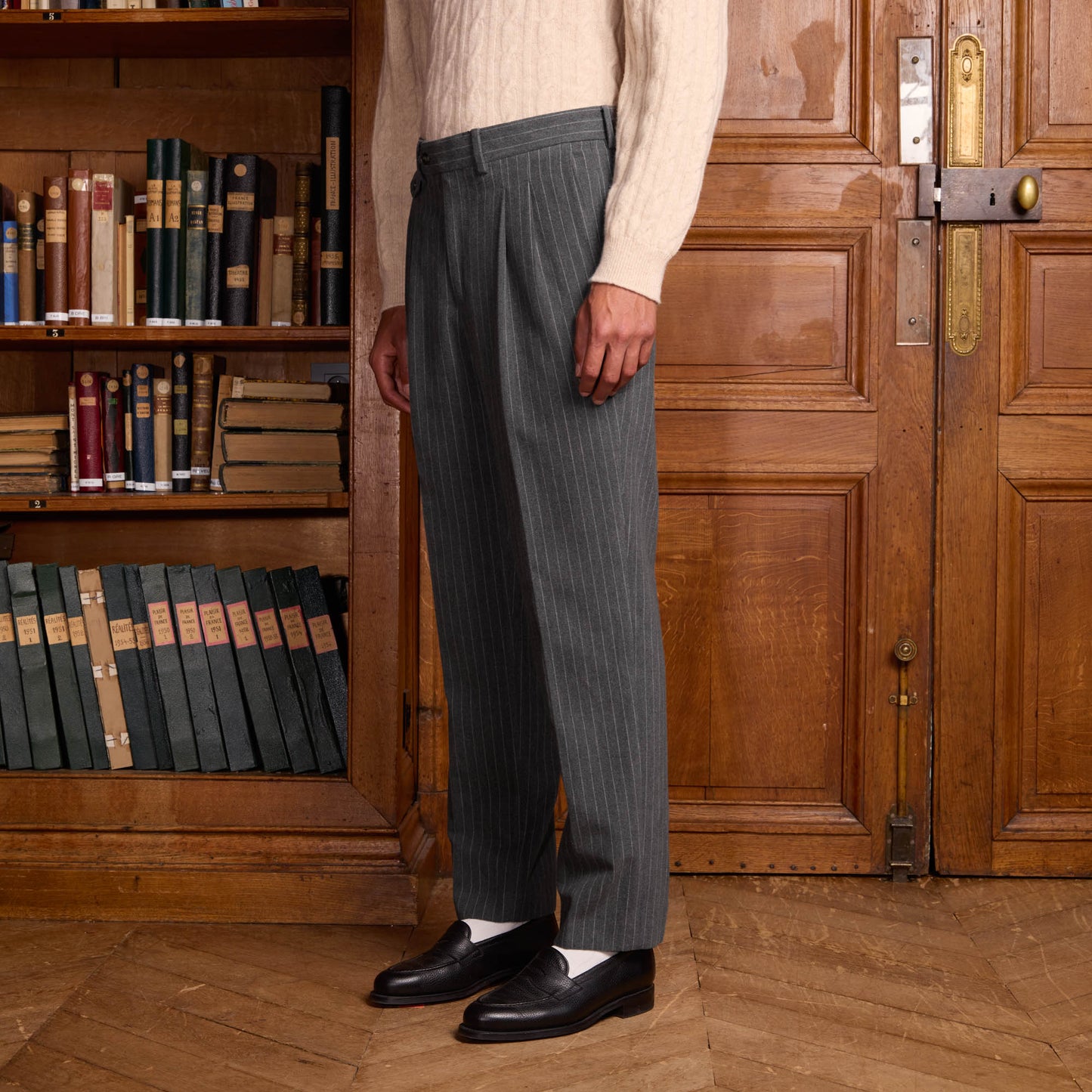 Double-pleated trousers in chalk-striped gray cotton moleskin