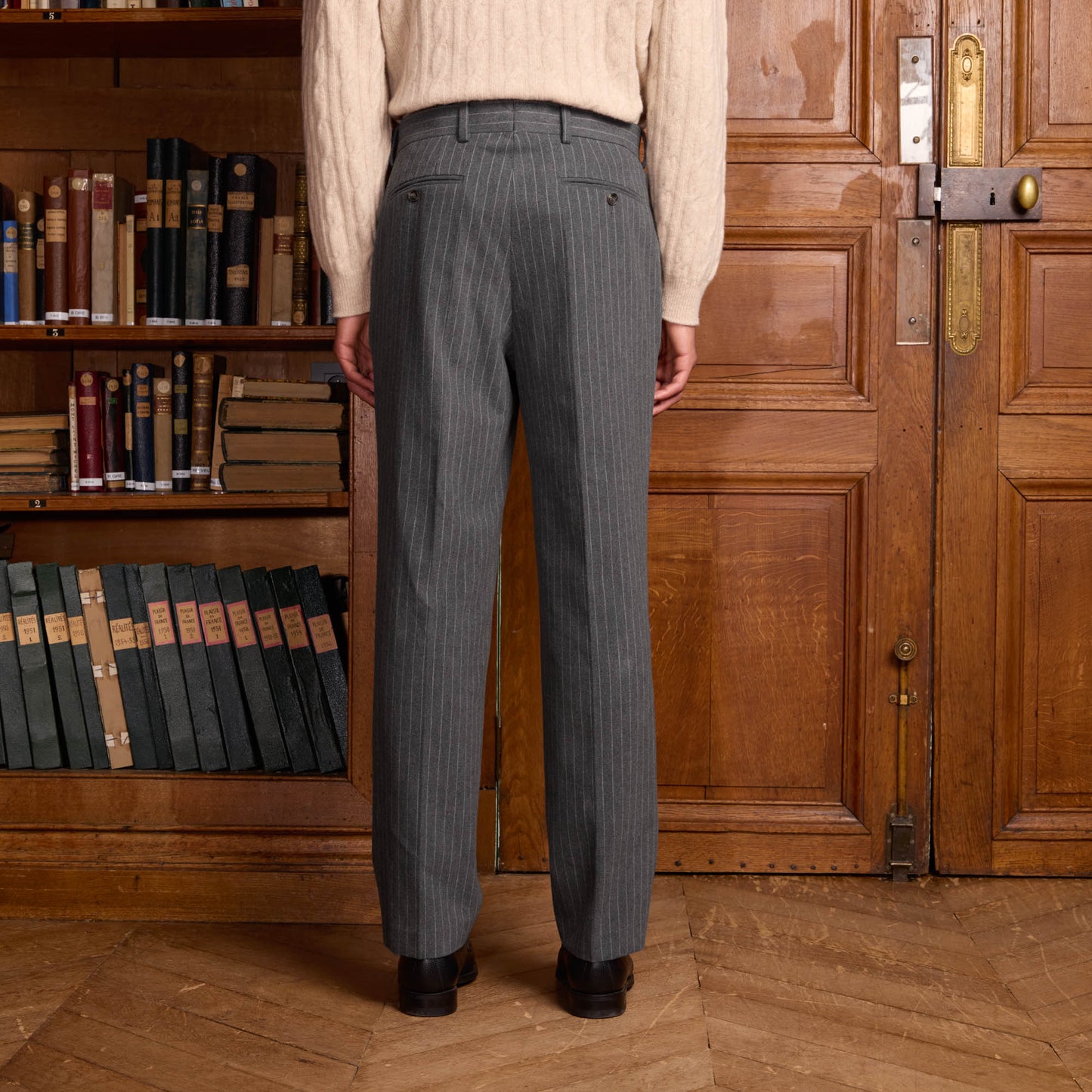Double-pleated trousers in chalk-striped gray cotton moleskin