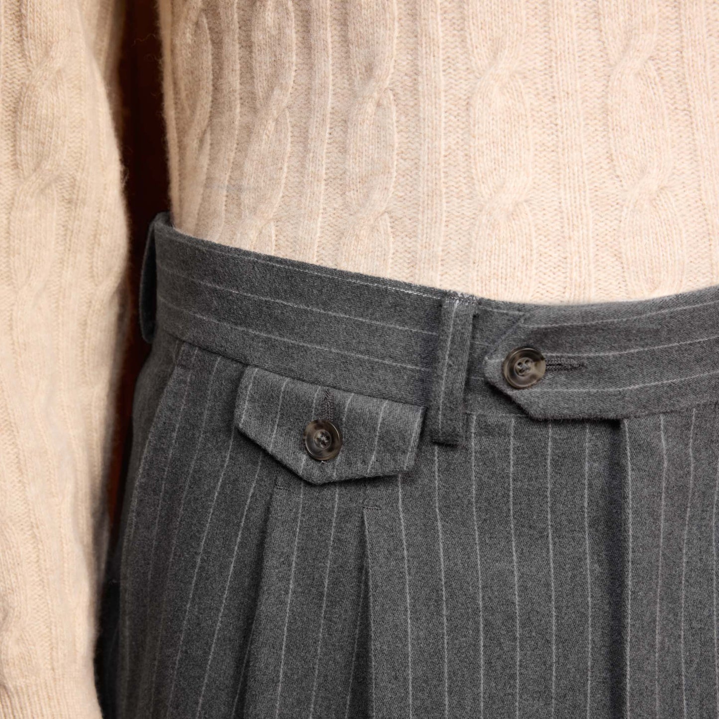 Double-pleated trousers in chalk-striped gray cotton moleskin