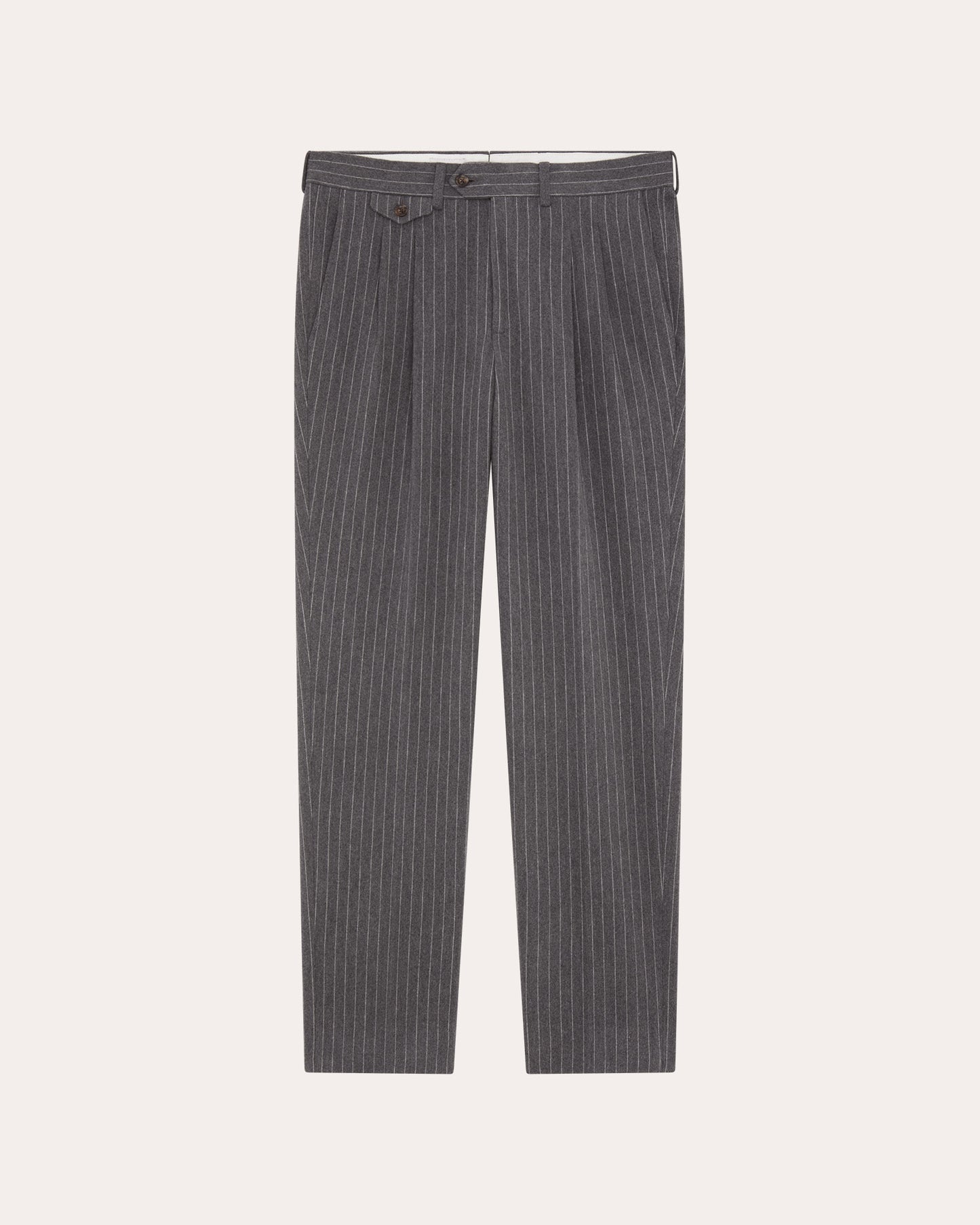 Pantalon à double plis en moleskine de coton gris à rayures craie