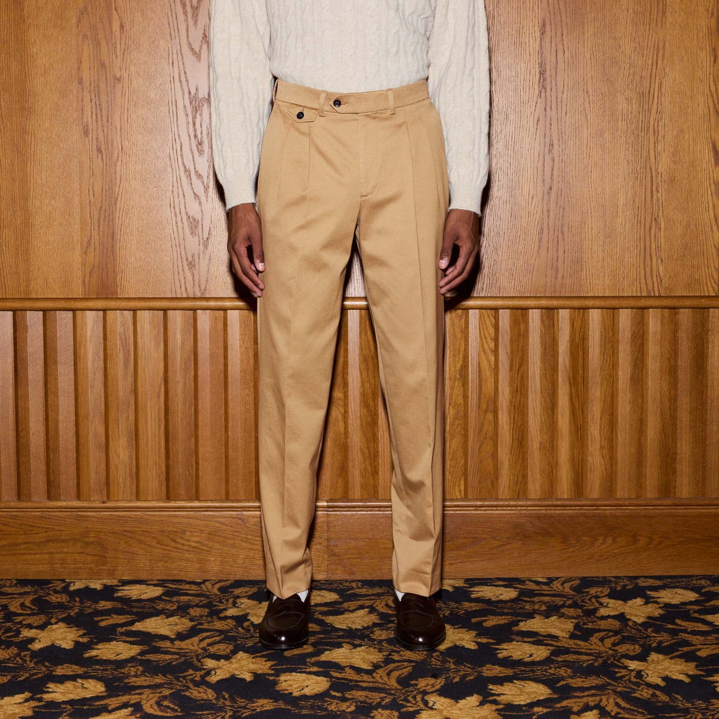 Chino double plis en coton beige