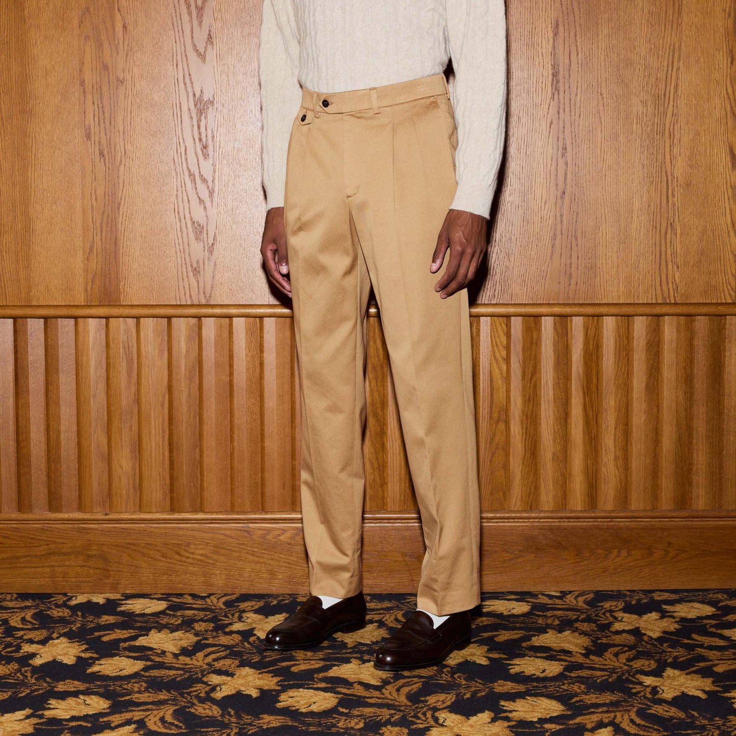 Chino double plis en coton beige