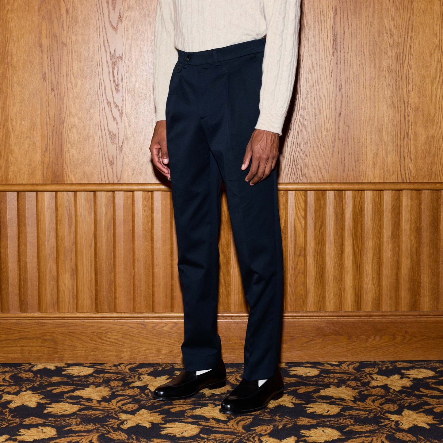 Chino double plis en coton marine