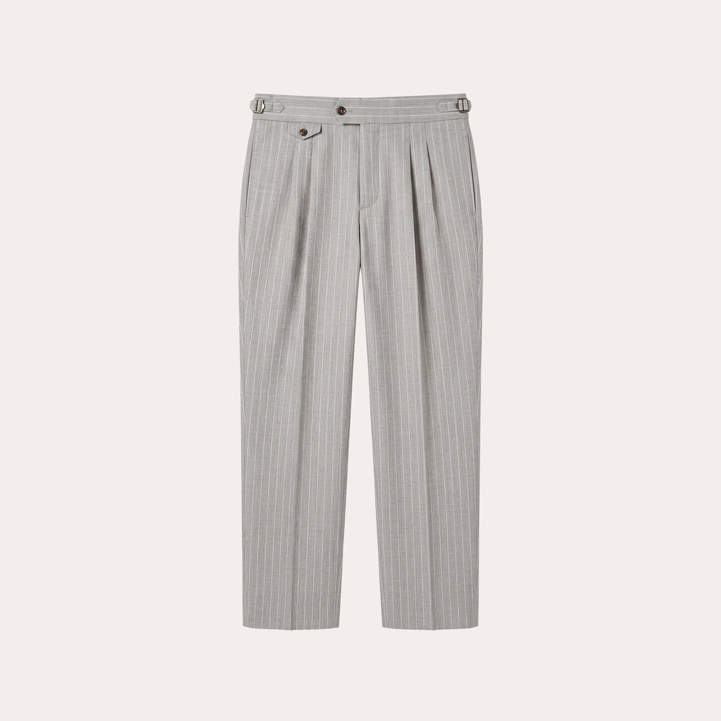 Pantalon à pinces en laine froide gris perle rayé