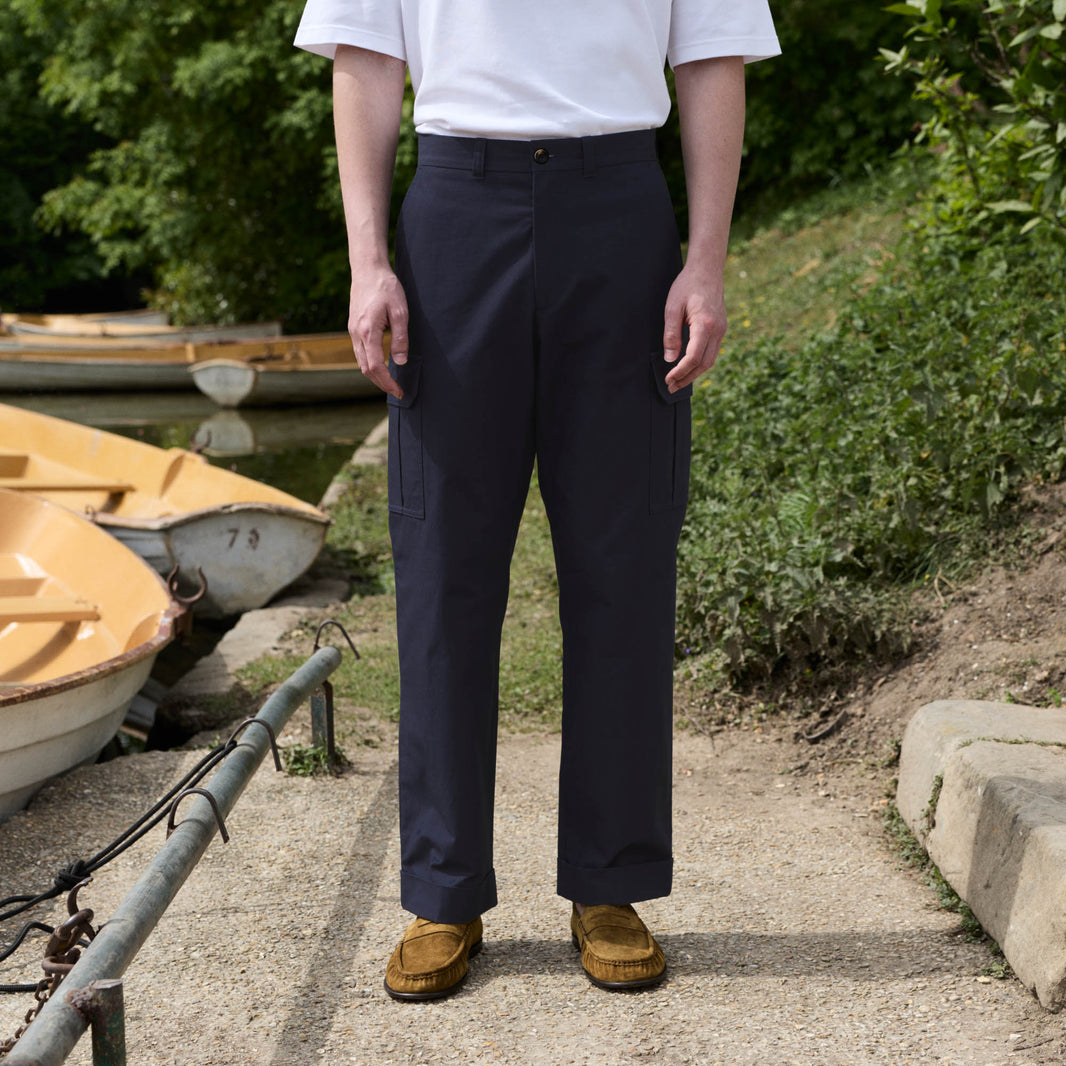 Pantalon cargo en ripstop coton japonais marine