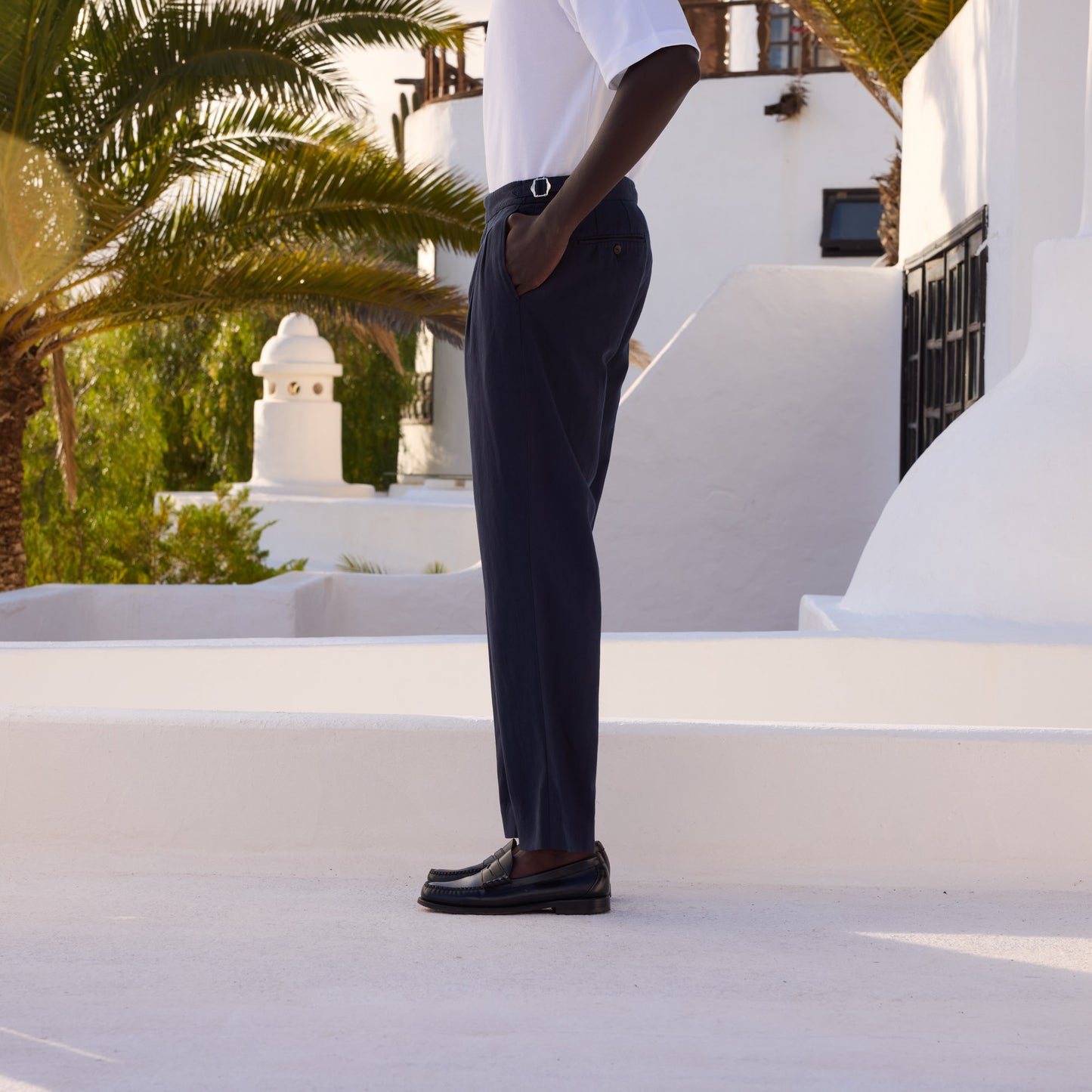 Pantalon en coton et lin marine