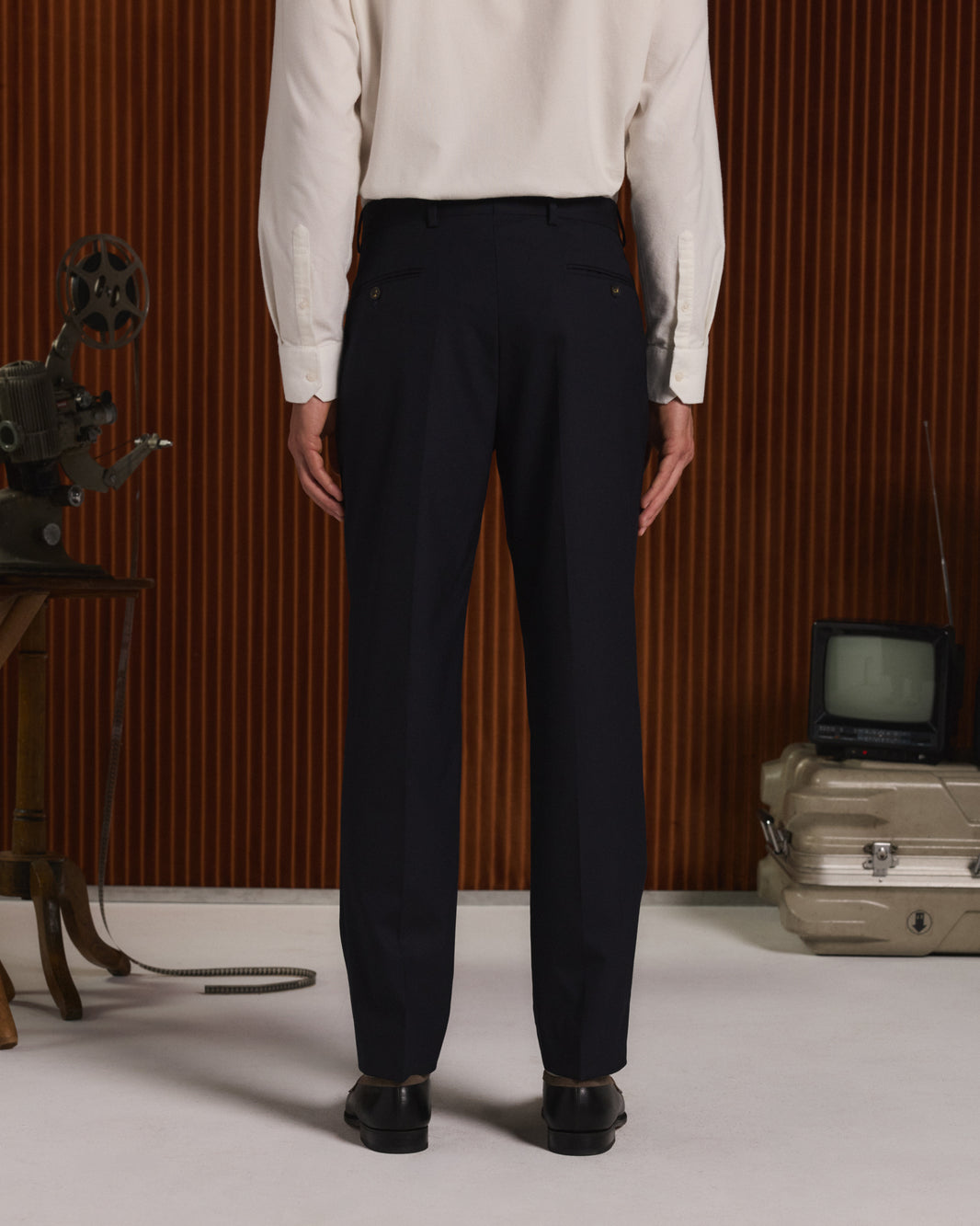 Straight-cut navy wool trousers