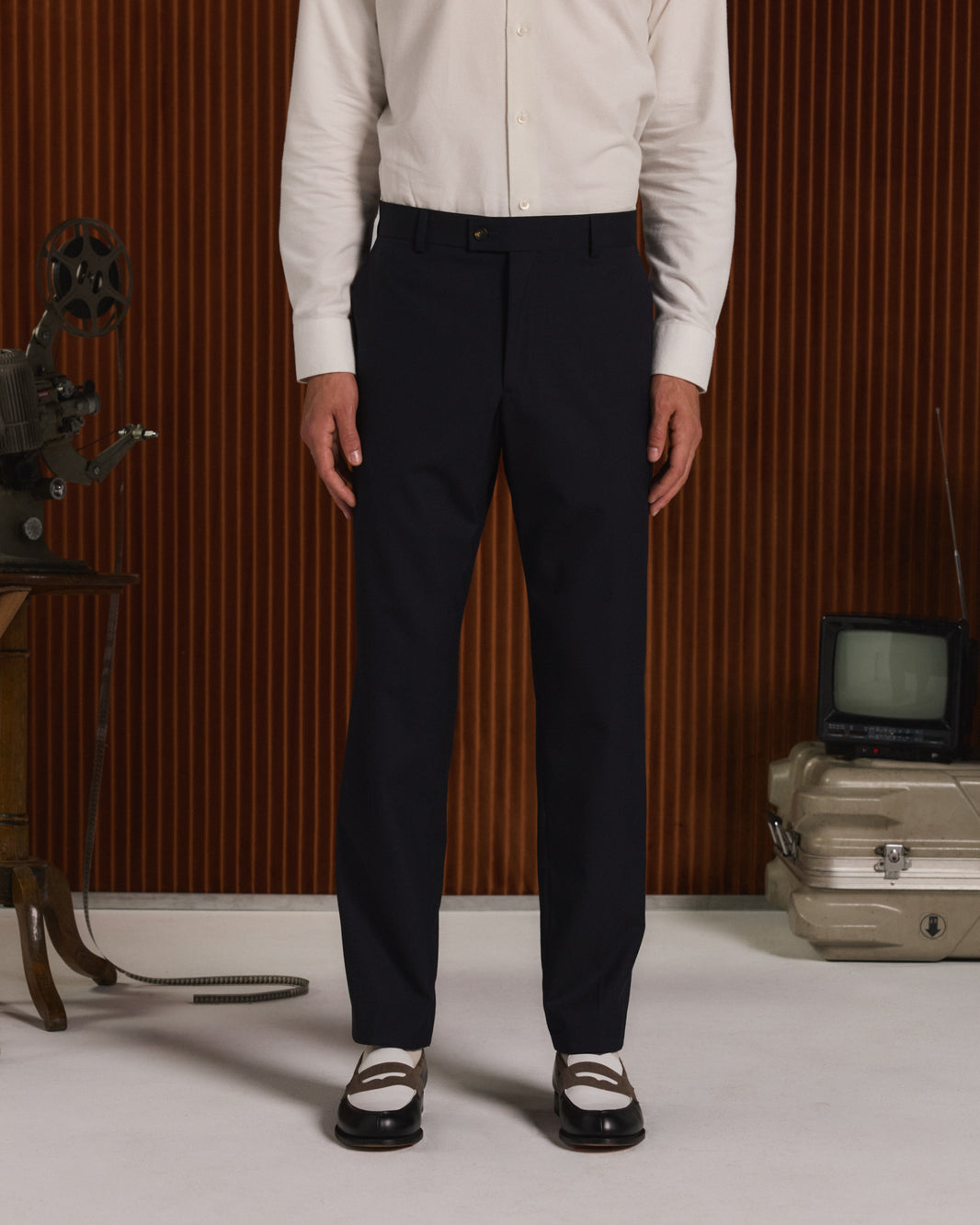 Straight-cut navy wool trousers