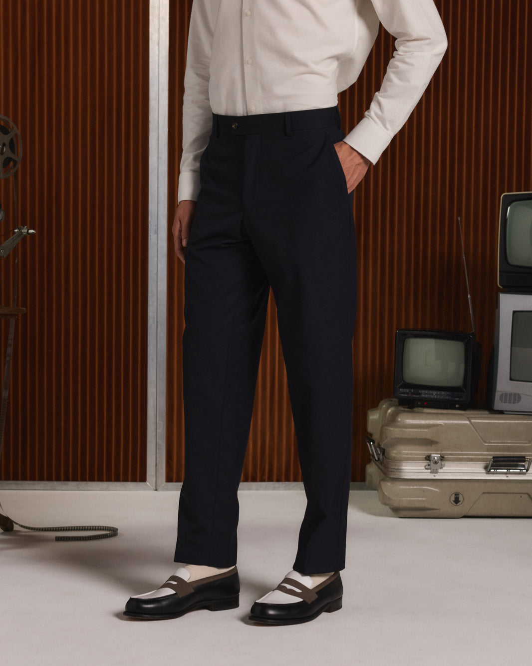 Straight-cut navy wool trousers