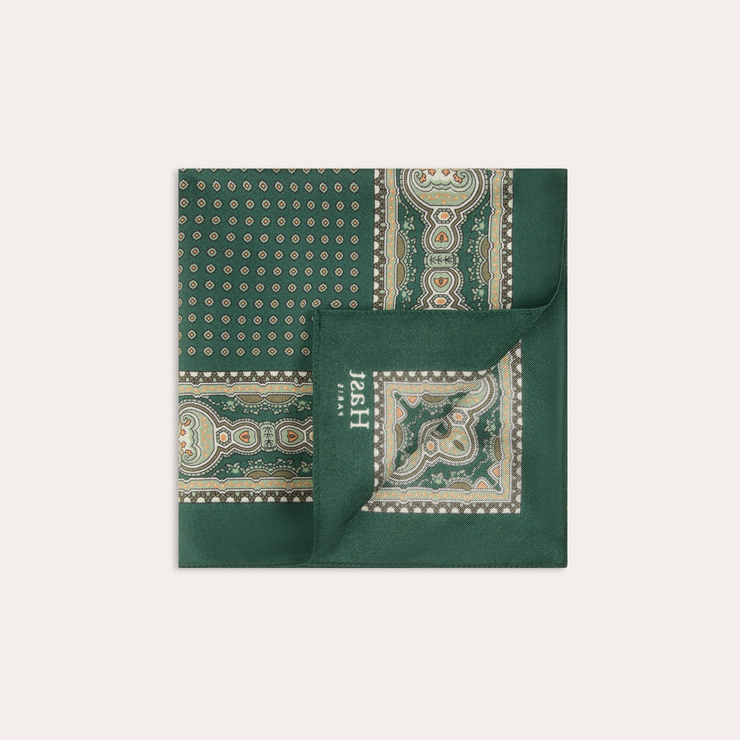 Pochette en soie verte à motifs