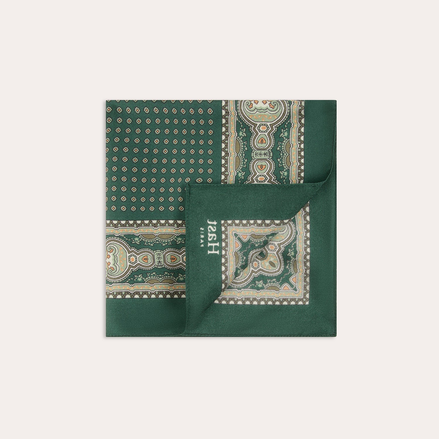 Pochette en soie verte à motifs