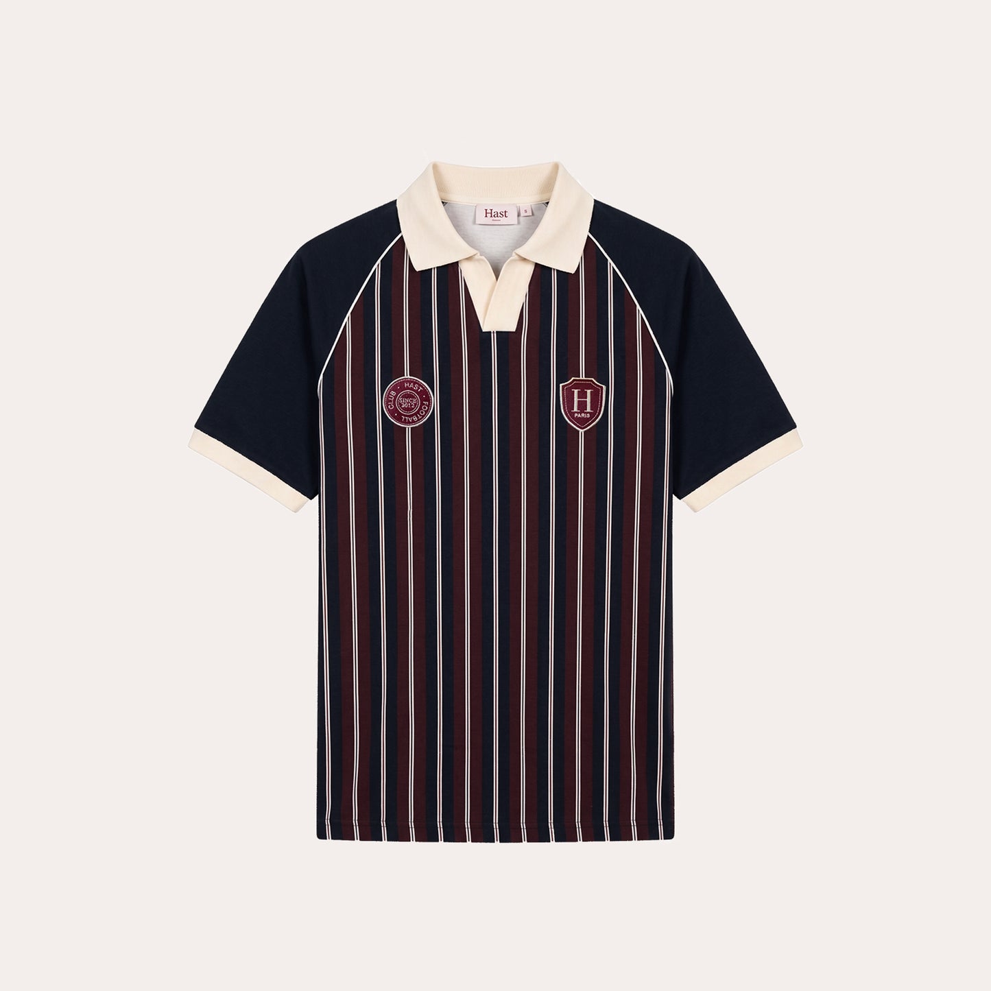 Navy football jersey with burgundy stripes