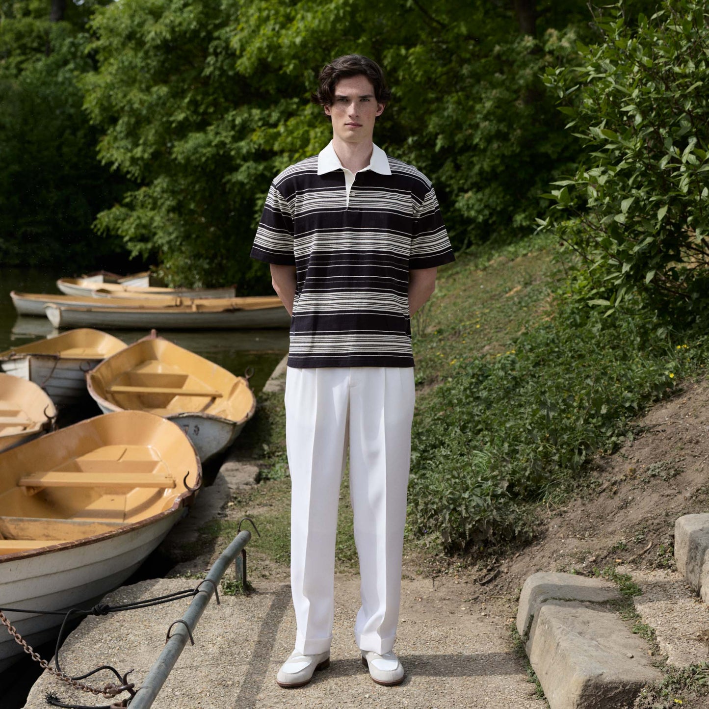 Navy striped Japanese cotton jersey polo shirt