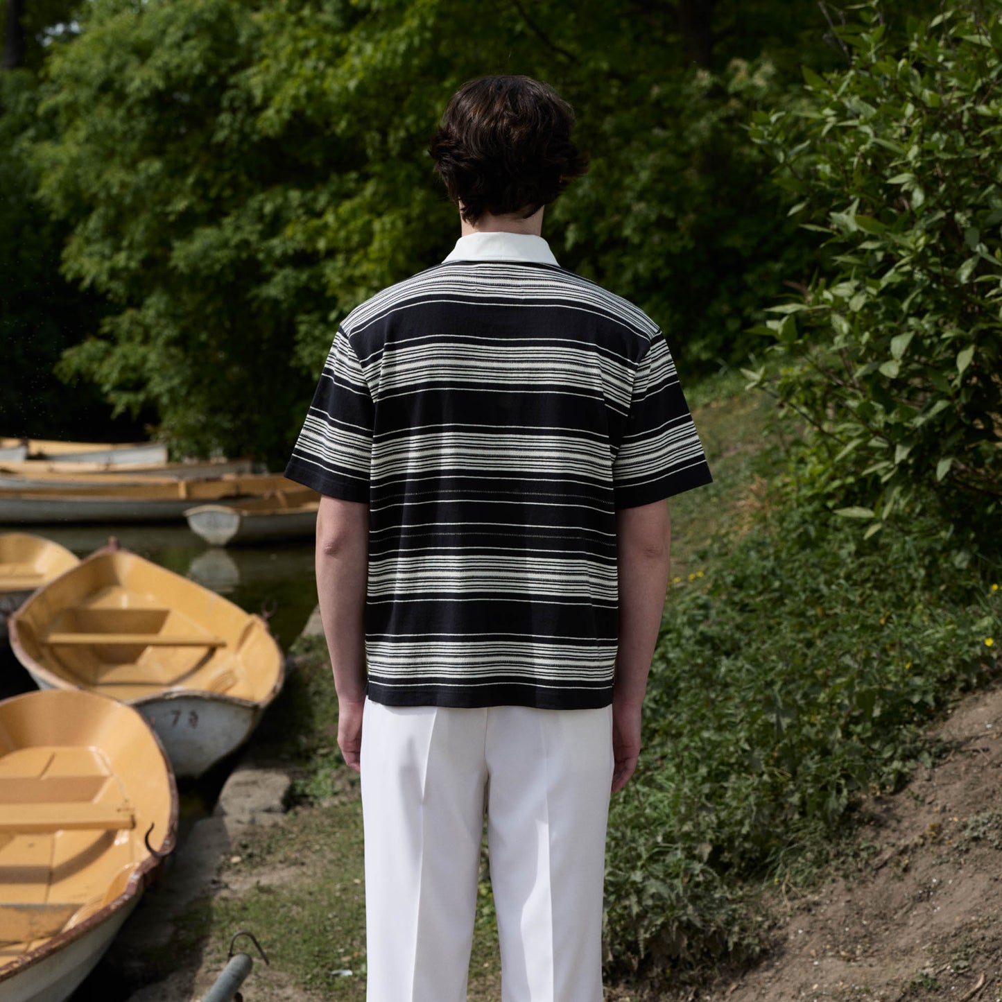 Navy striped Japanese cotton jersey polo shirt