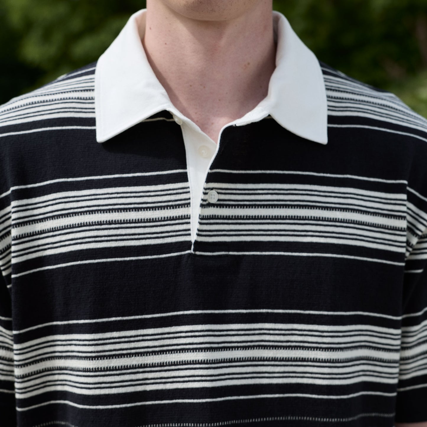 Navy striped Japanese cotton jersey polo shirt