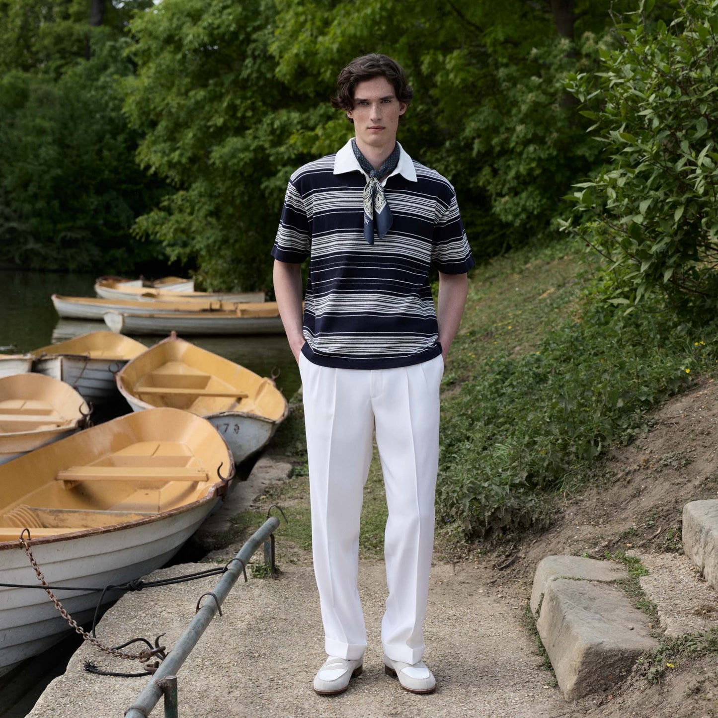 Navy striped Japanese cotton jersey polo shirt