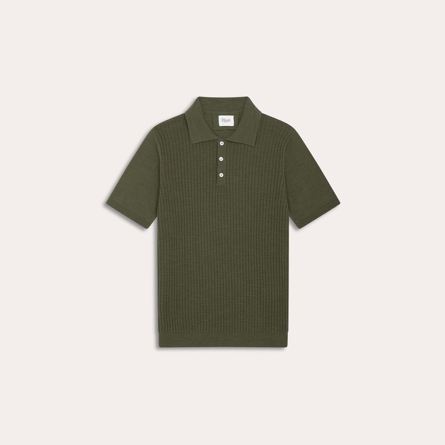 Khaki cotton and linen knit polo shirt