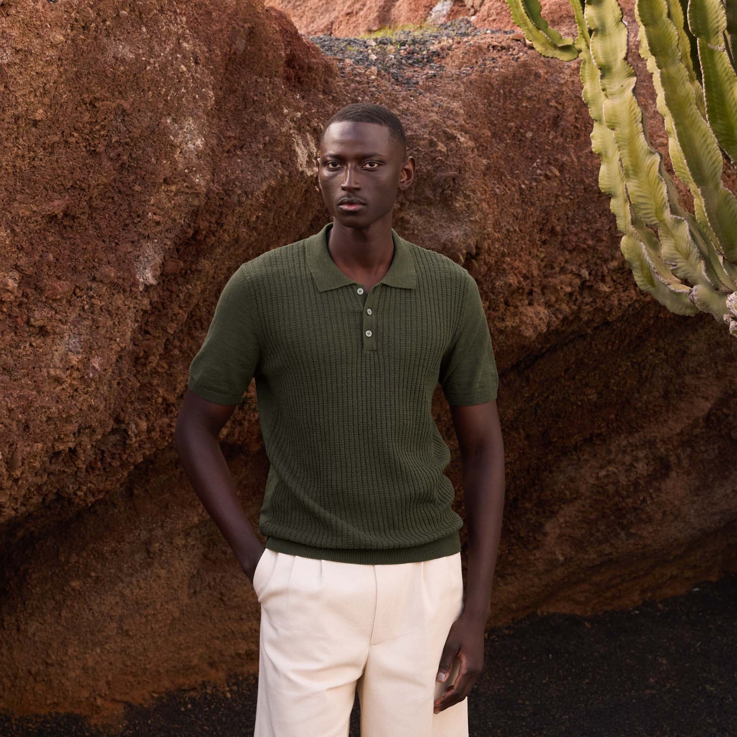 Khaki cotton and linen knit polo shirt