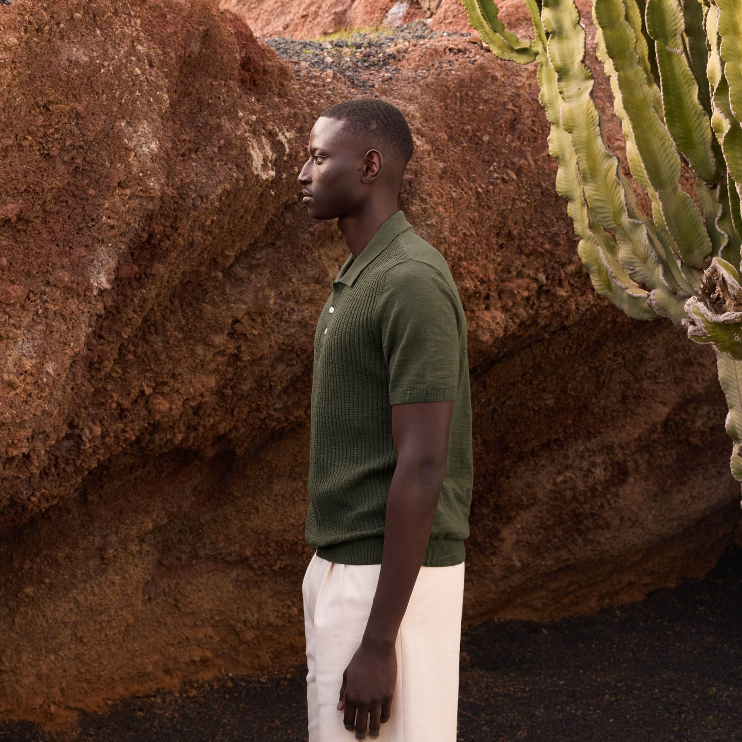 Khaki cotton and linen knit polo shirt