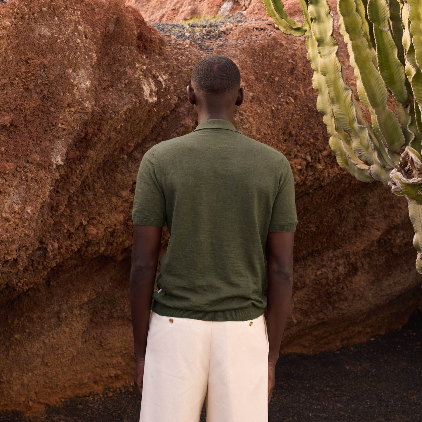 Khaki cotton and linen knit polo shirt