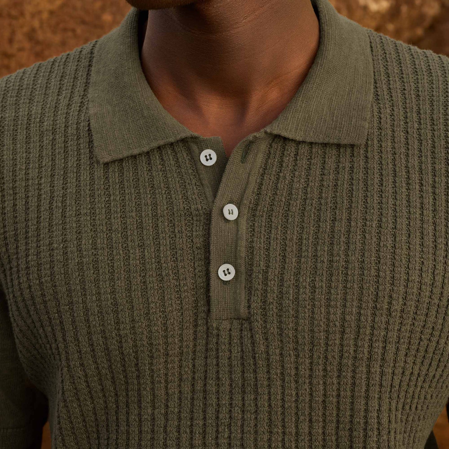Khaki cotton and linen knit polo shirt