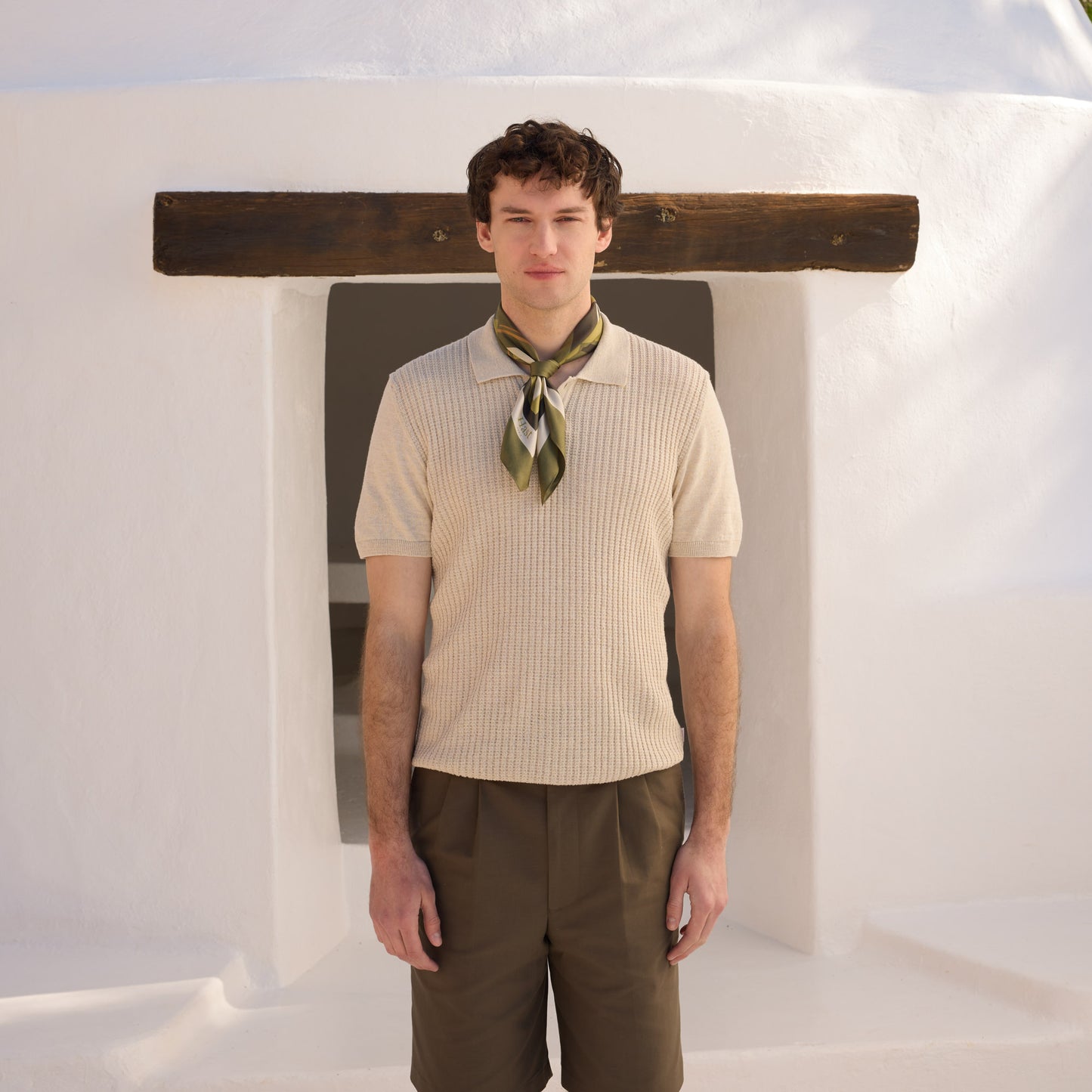 Ecru cotton and linen knit polo shirt