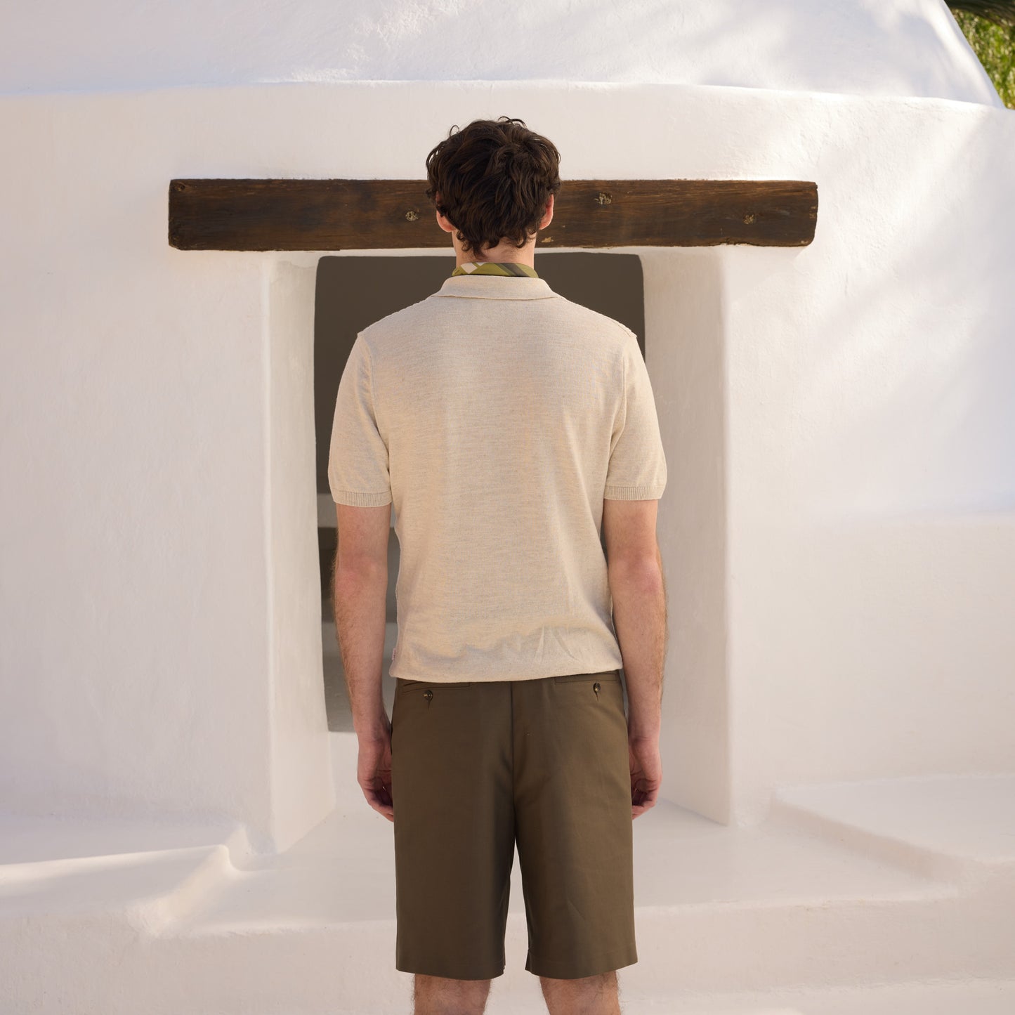 Ecru cotton and linen knit polo shirt