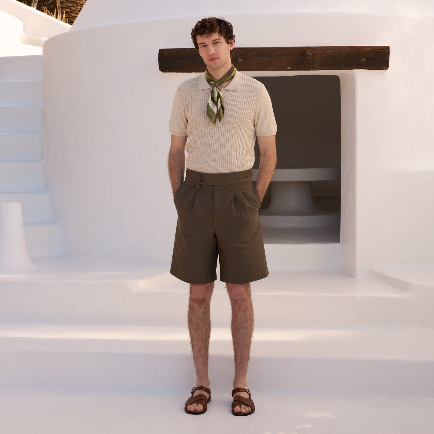 Ecru cotton and linen knit polo shirt