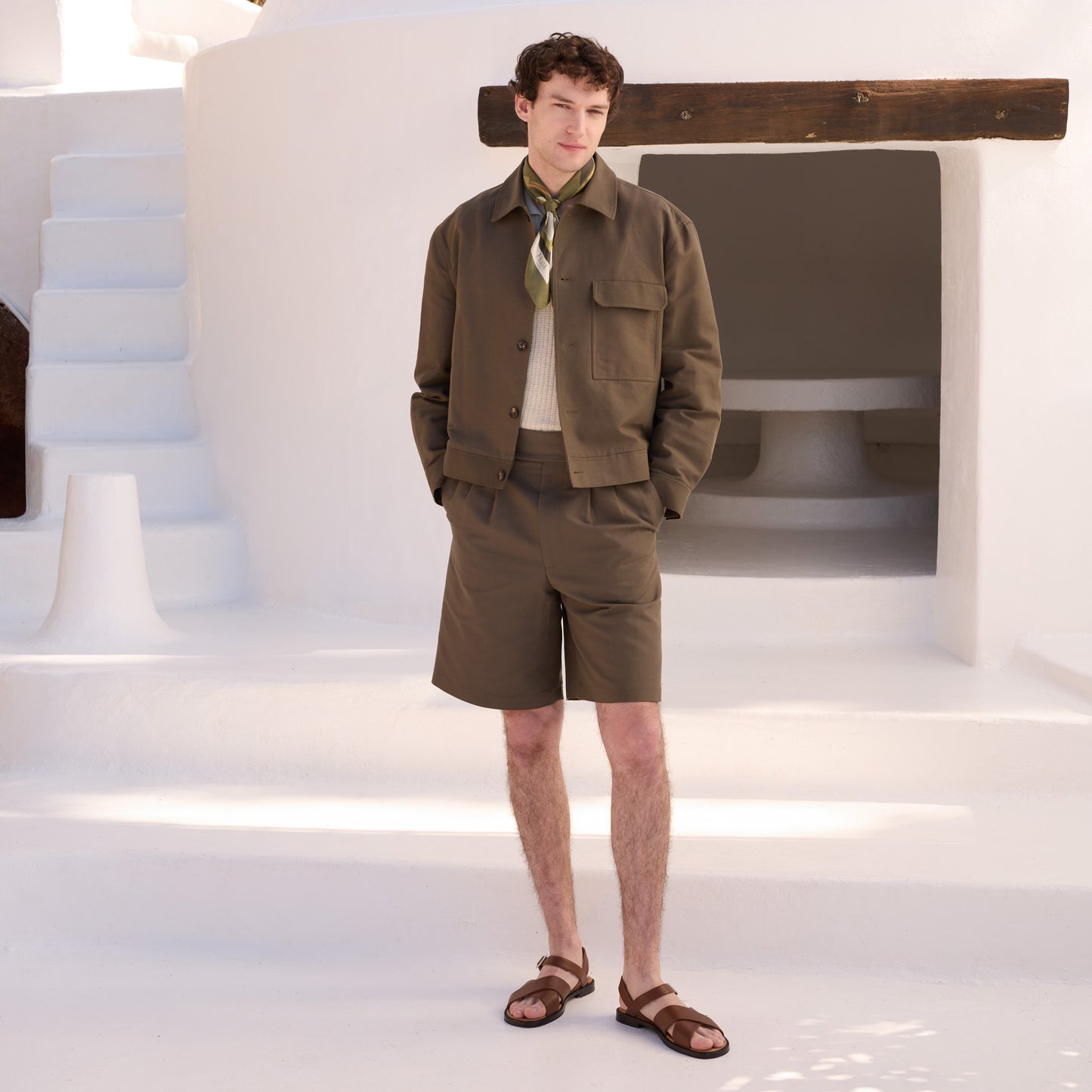 Ecru cotton and linen knit polo shirt