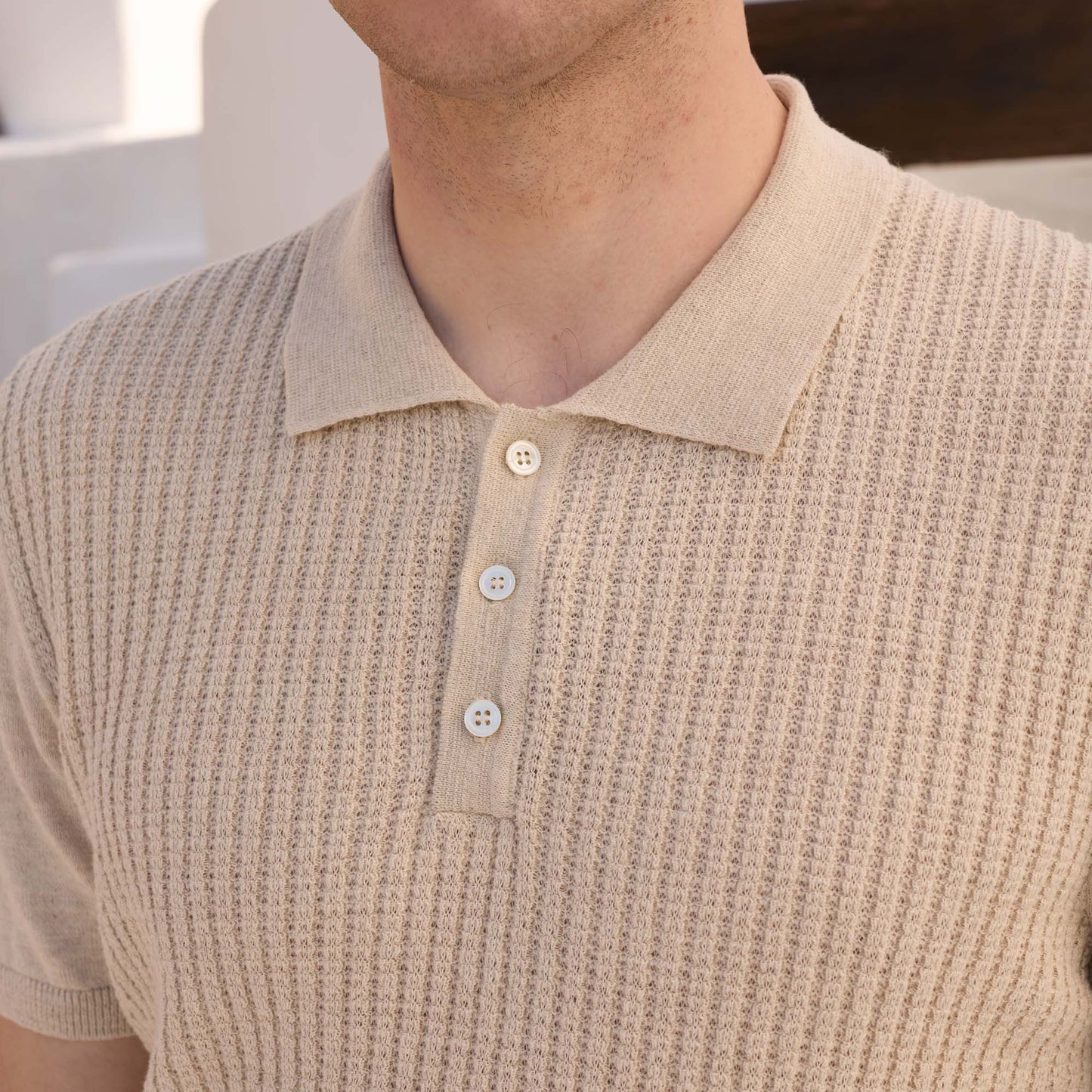 Ecru cotton and linen knit polo shirt
