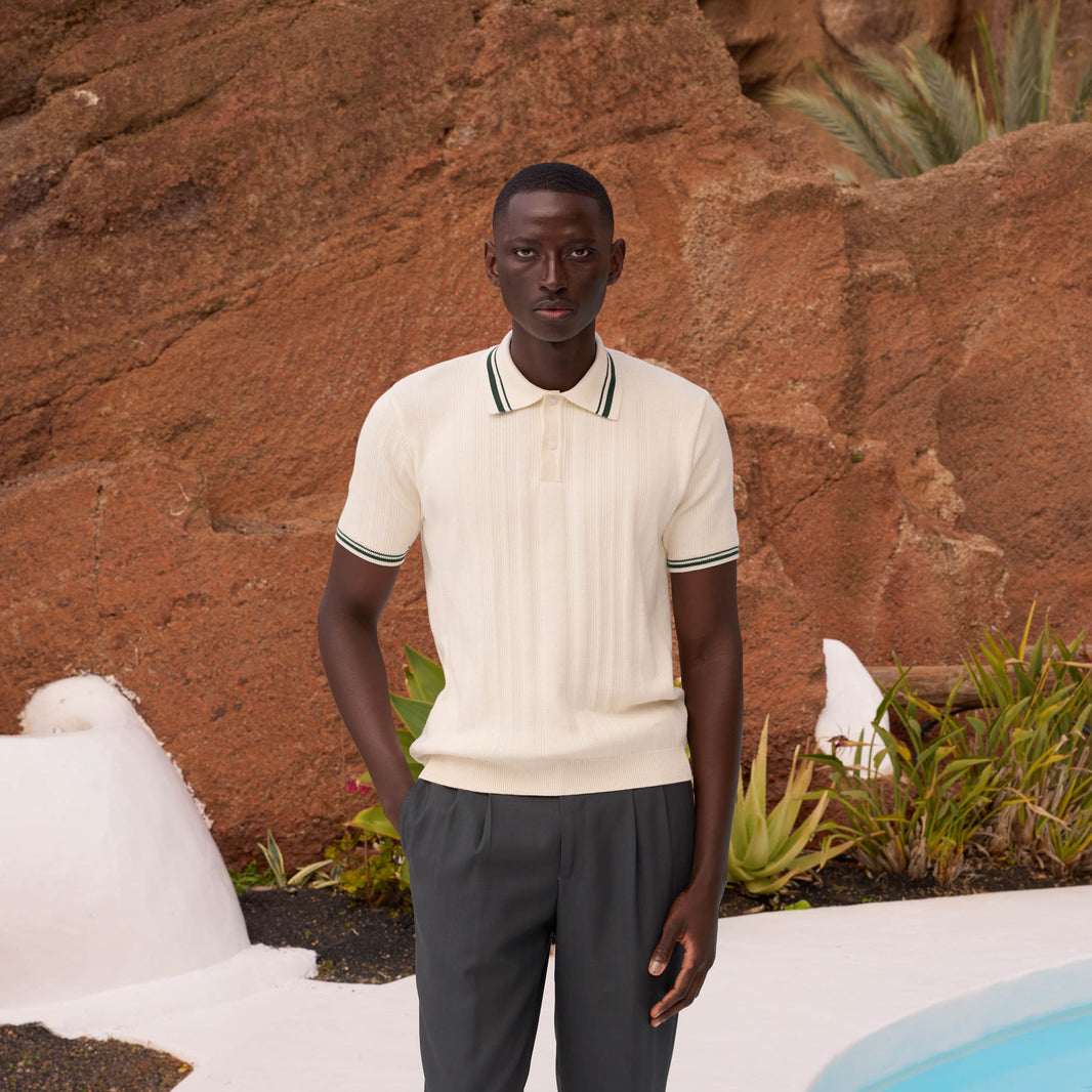 Polo en maille de coton écru et vert