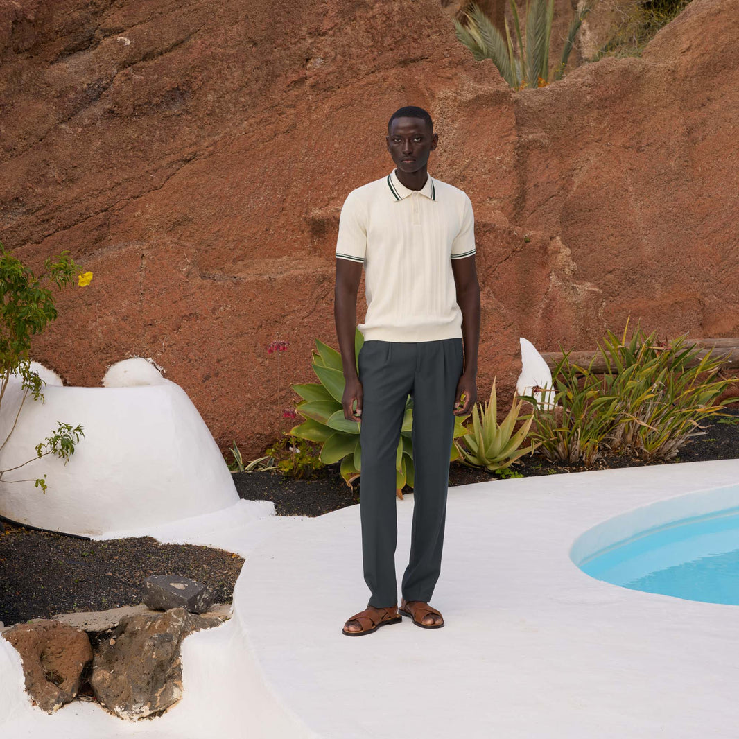 Polo en maille de coton écru et vert