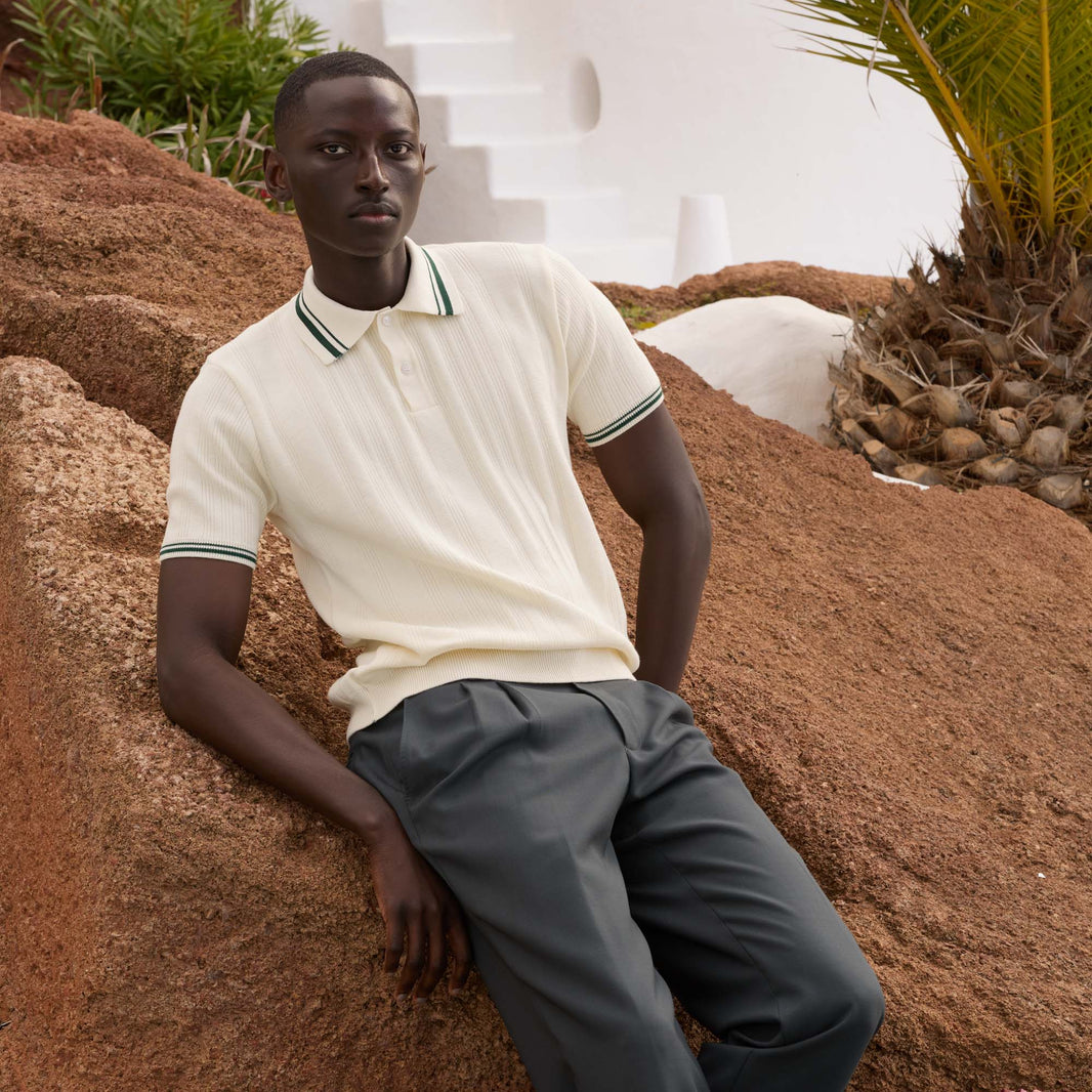 Polo en maille de coton écru et vert