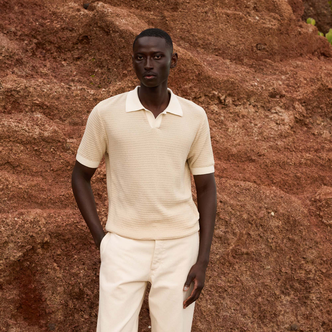 Polo en maille de coton sable et beige