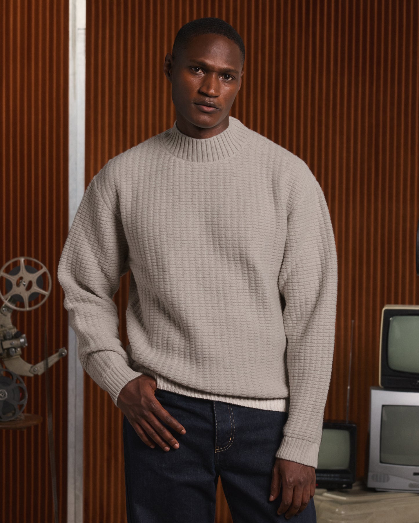 Light grey merino wool funnel-neck jumper