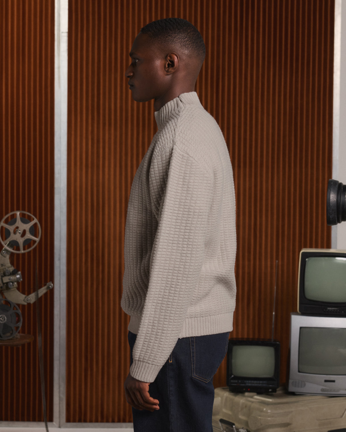 Light grey merino wool funnel-neck jumper