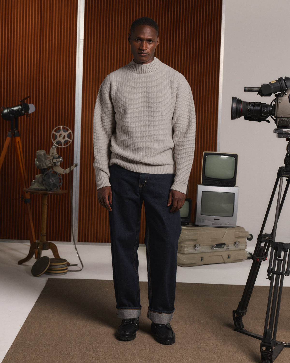 Light grey merino wool funnel-neck jumper