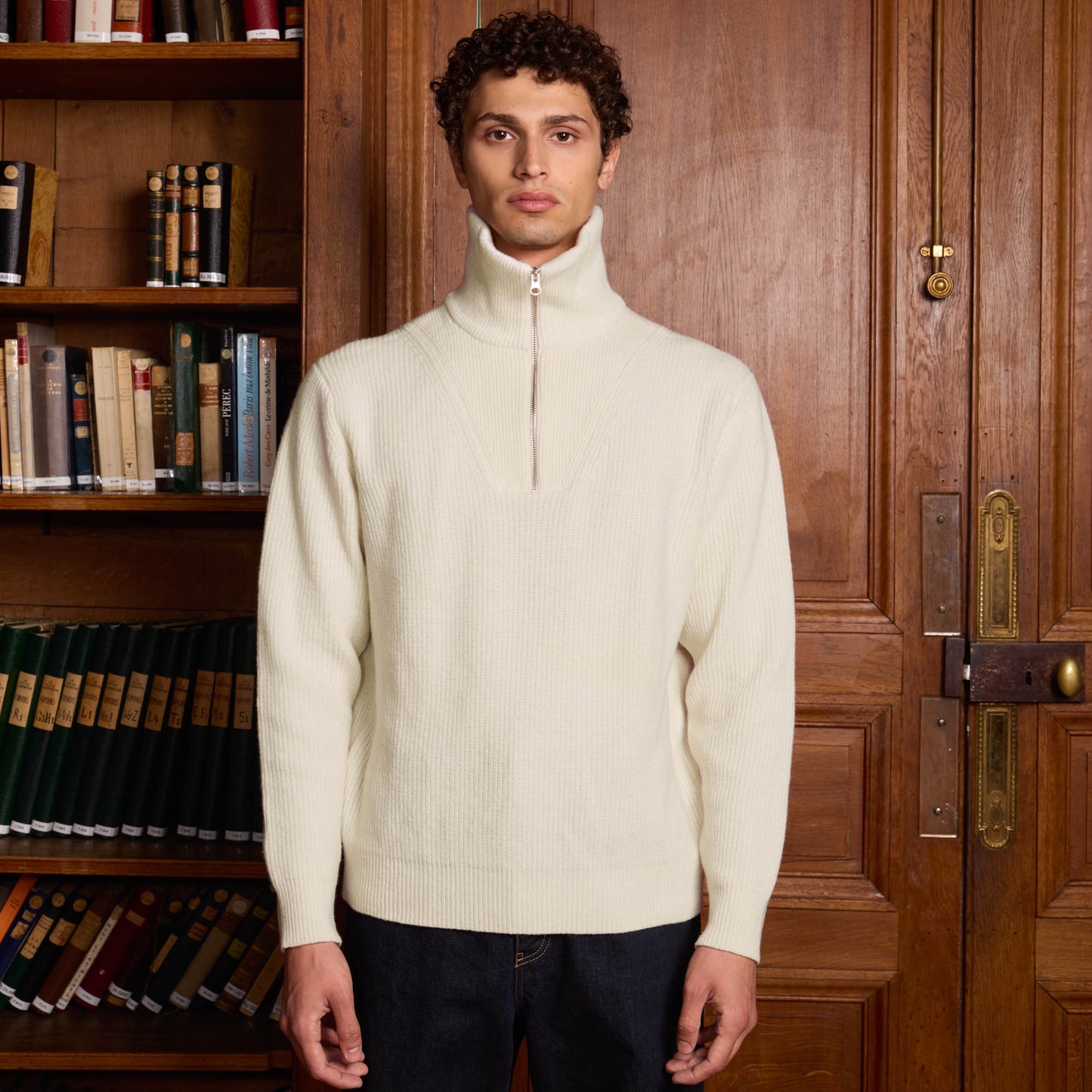 Ecru merino wool trucker sweater