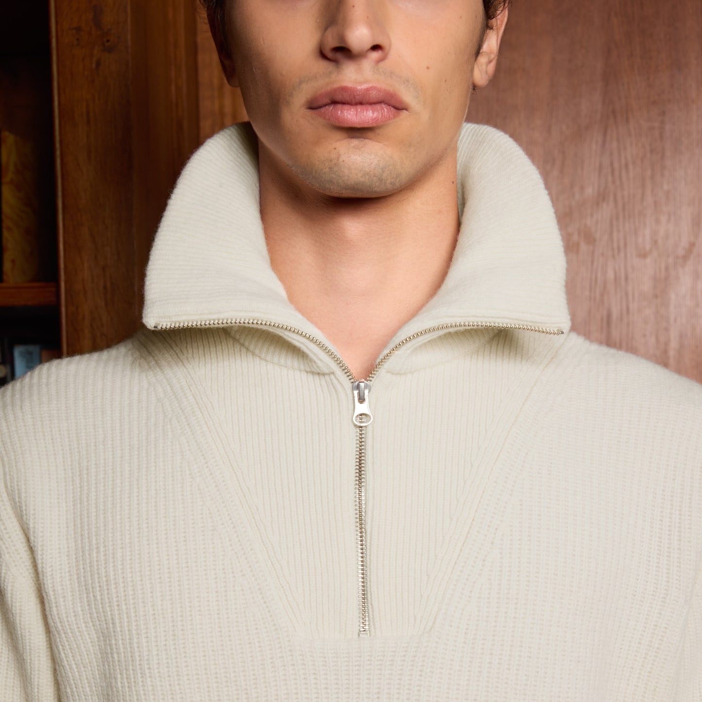 Ecru merino wool trucker sweater