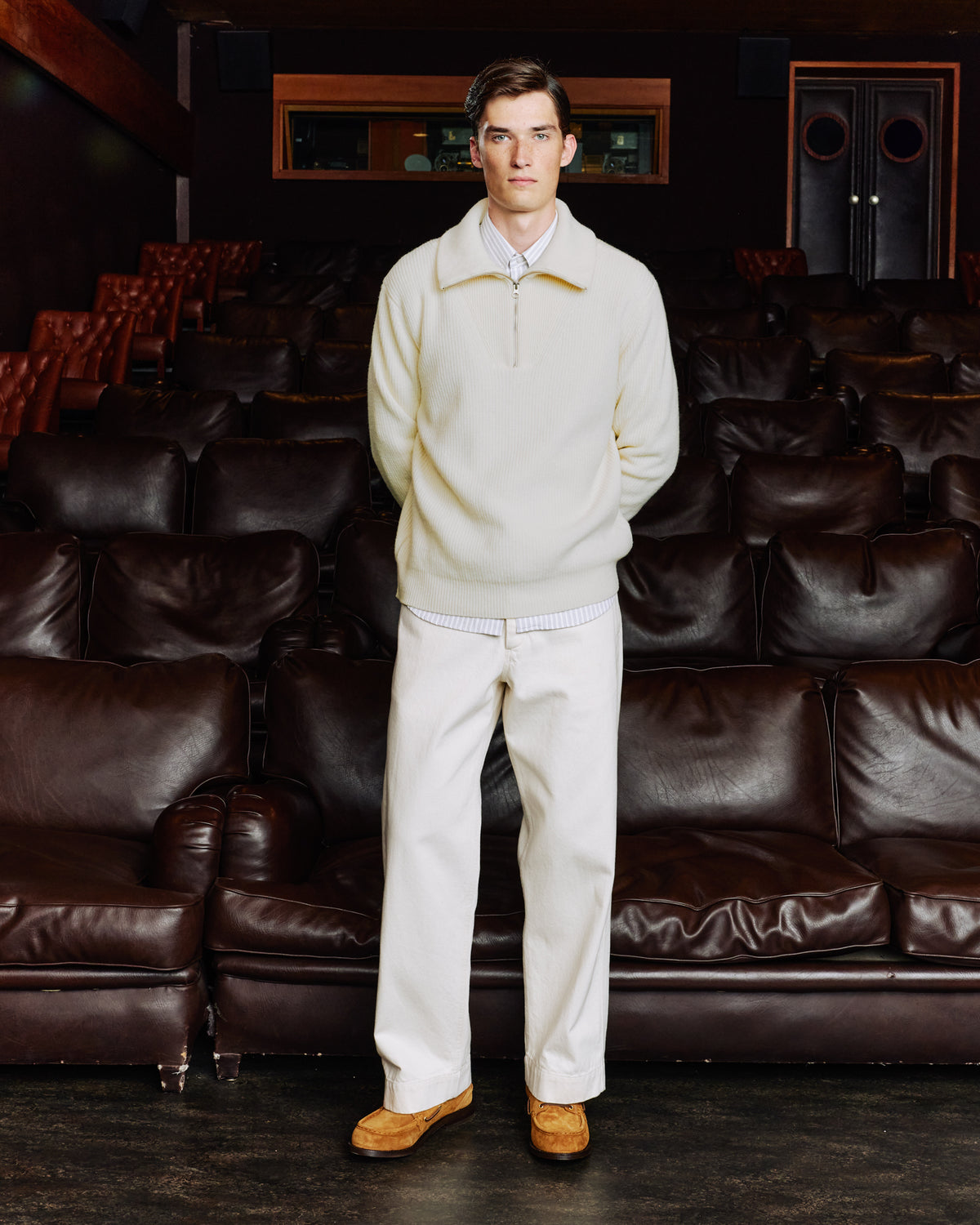 Ecru zip-neck jumper in extra-fine merino wool