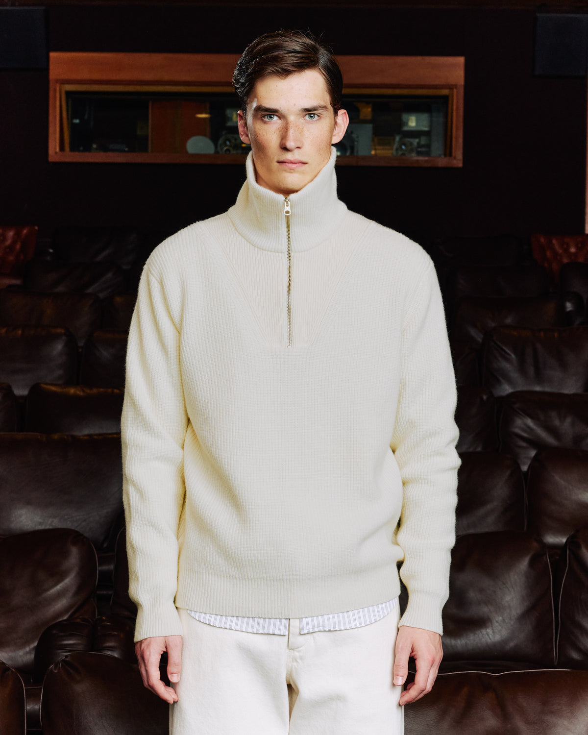 Ecru zip-neck jumper in extra-fine merino wool