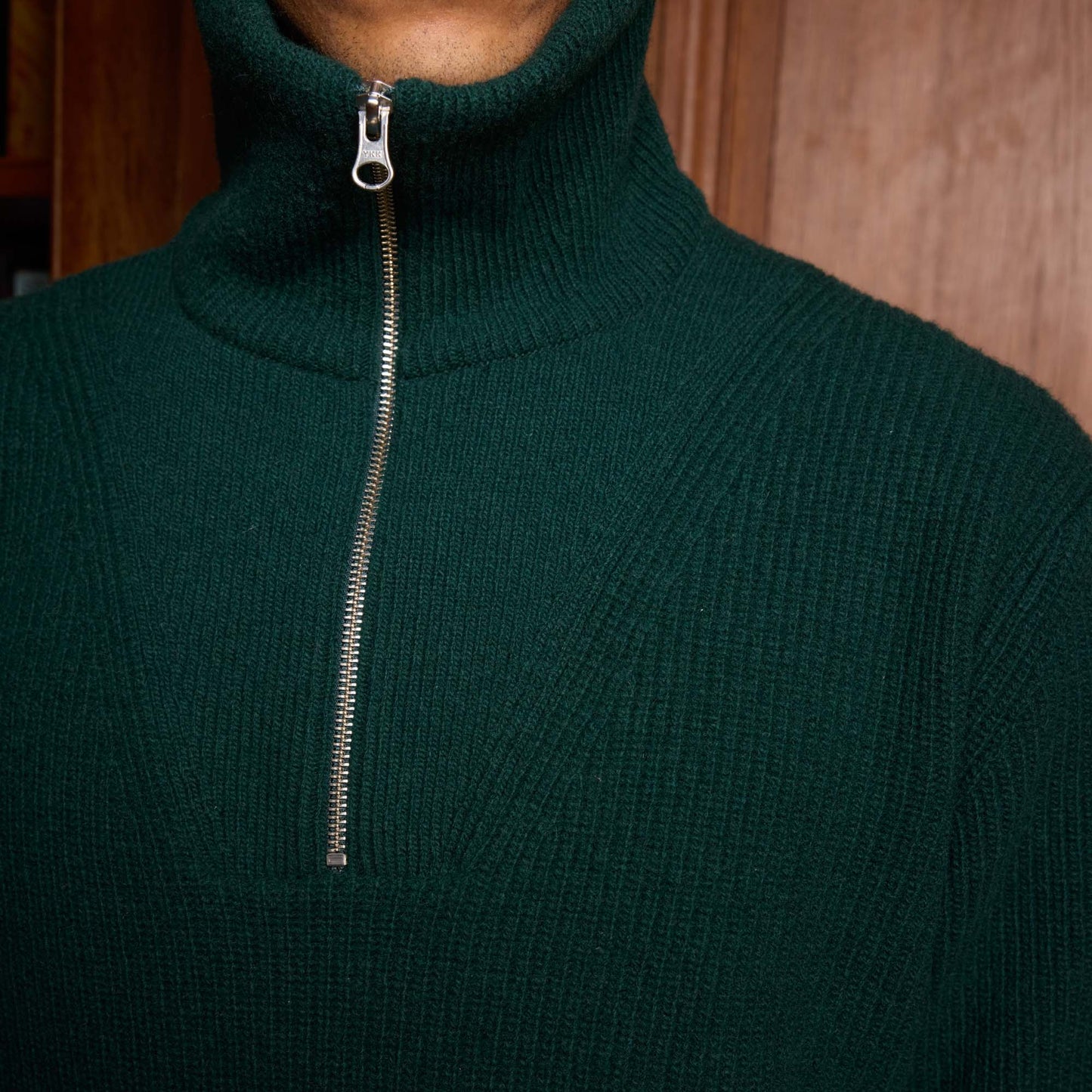 Pine green merino wool trucker sweater