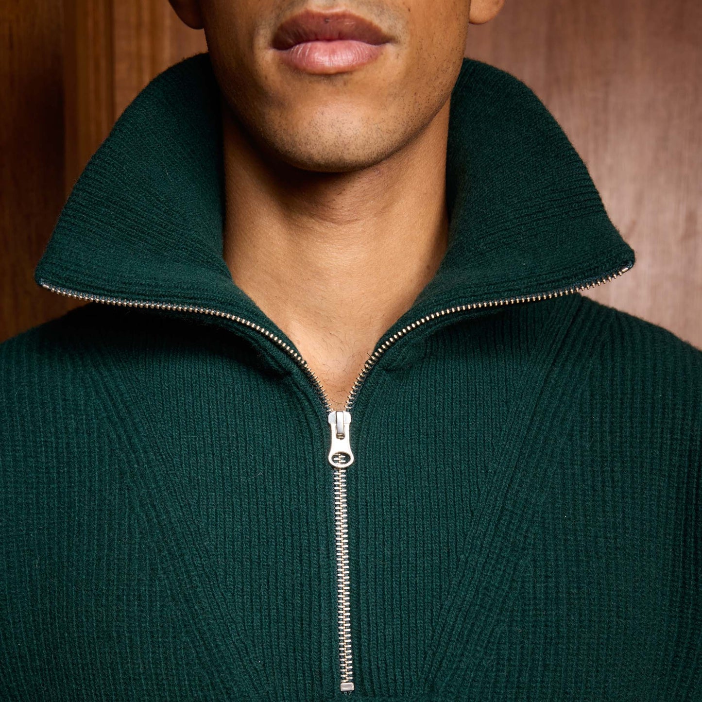 Pine green merino wool trucker sweater